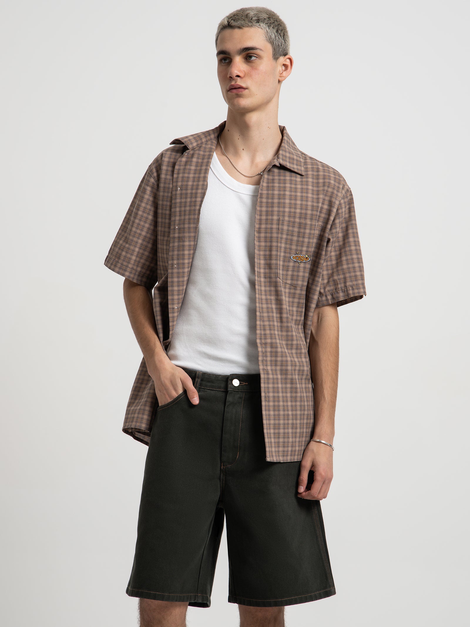 Badger Short Sleeve Shirt in Rain Drum Brown Check