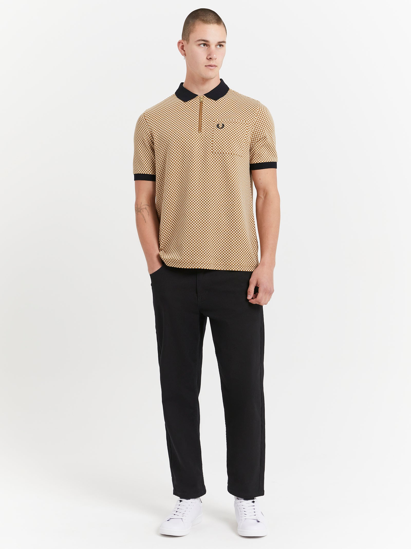 Micro Chequerboard Polo Shirt in Dark Caramel