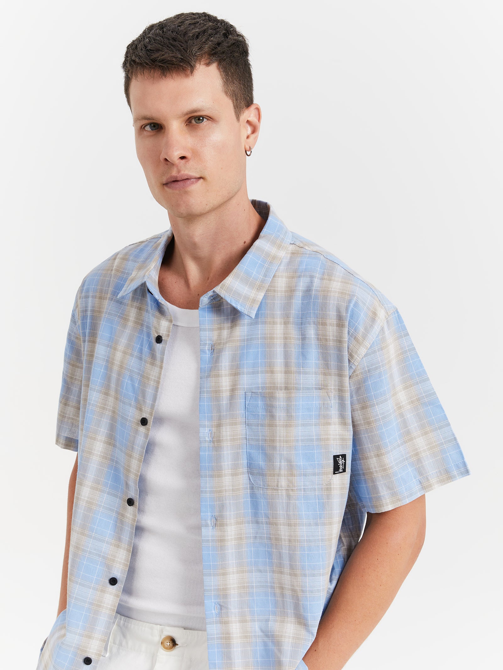 Prion Check Pocket Short Sleeve Shirt in Sky Blue