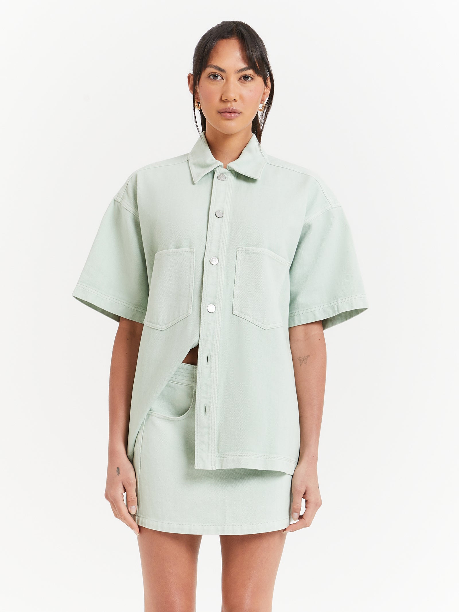 Bonita Short Sleeve Shacket in Eucalyptus Green