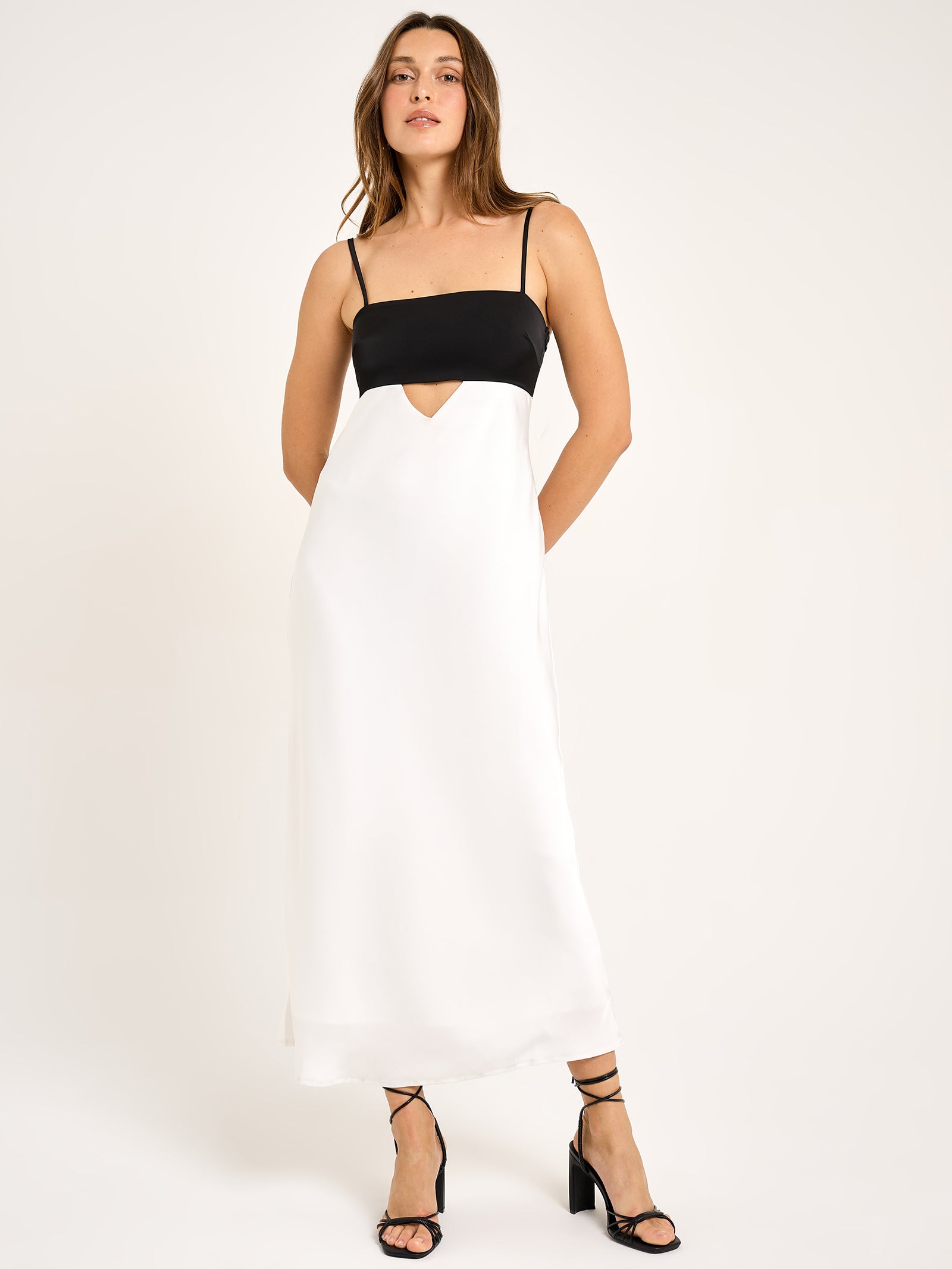 Iris Cut Out Midi Dress in Off White & Black