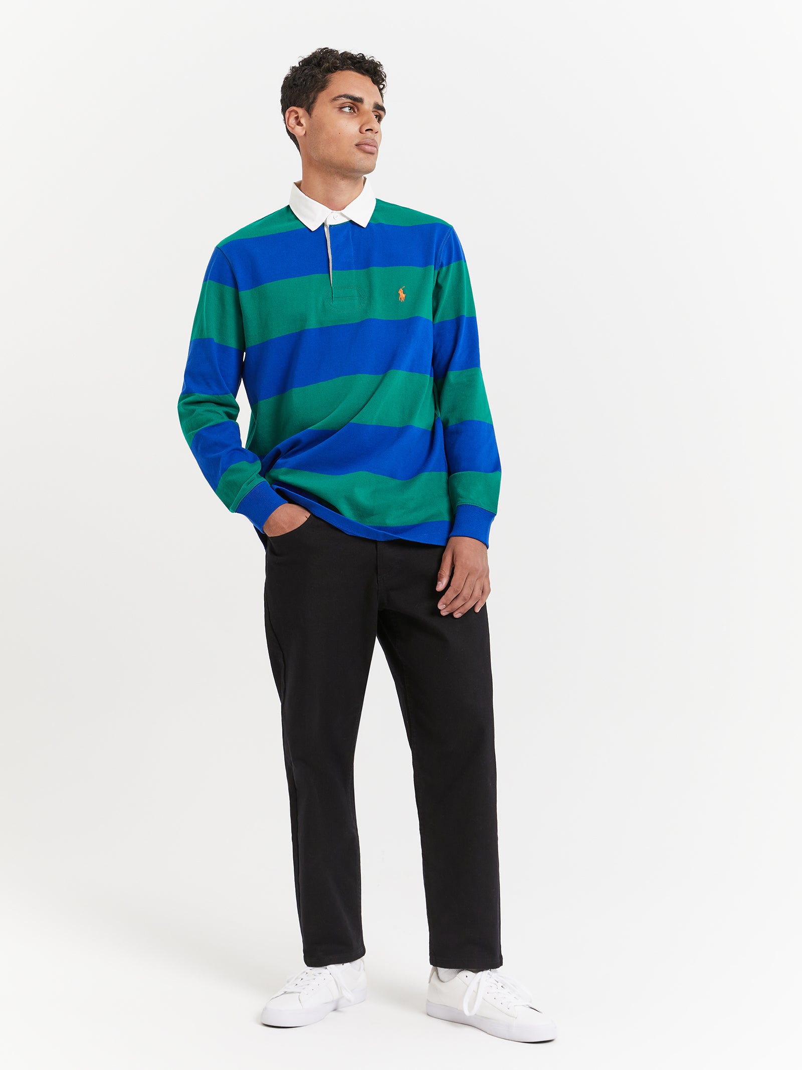 Long Sleeve Rugby Polo in Sapphire Blue & Primary Green Stripe