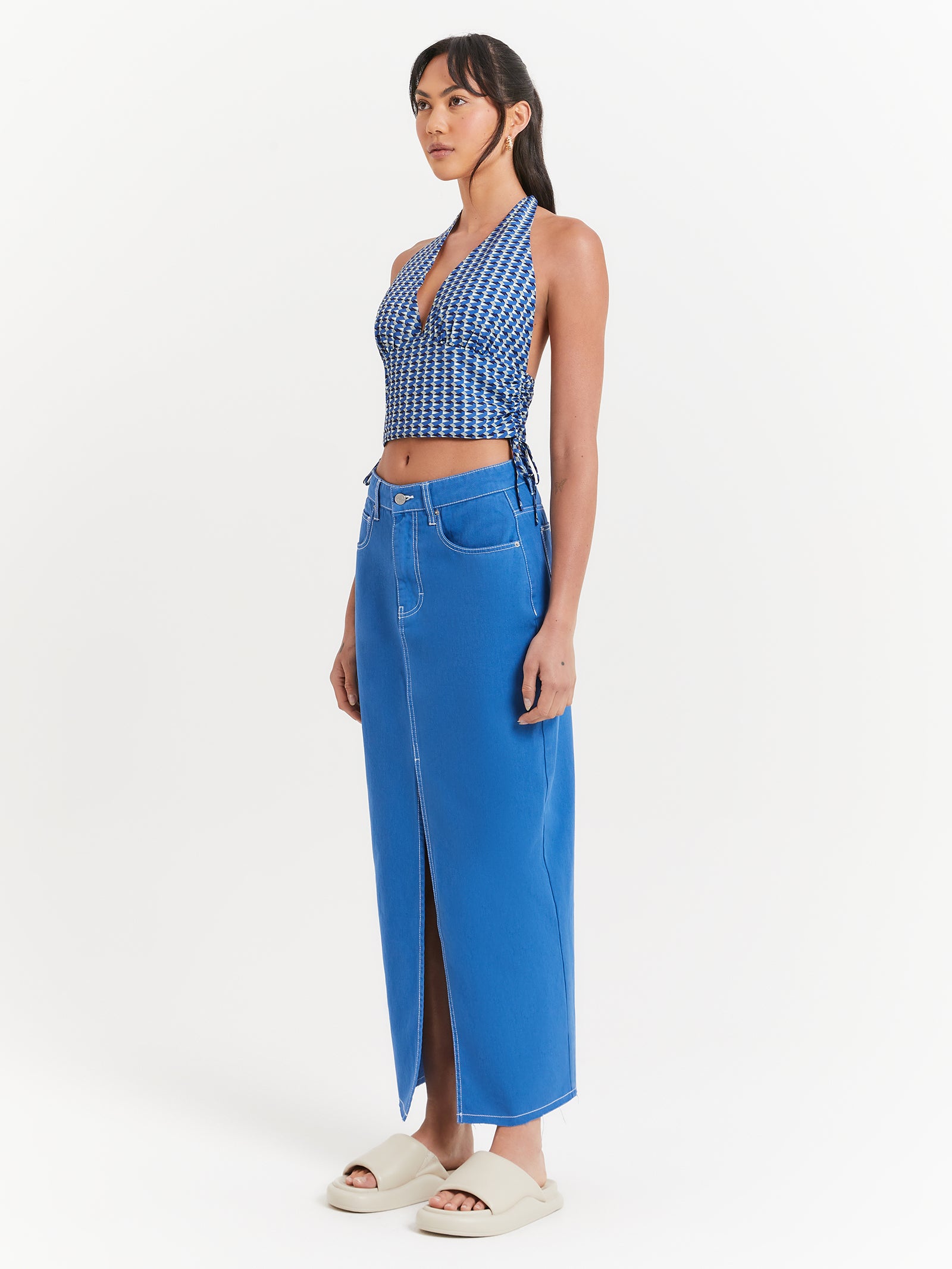 Celine Slit Maxi Skirt in Denim Blue