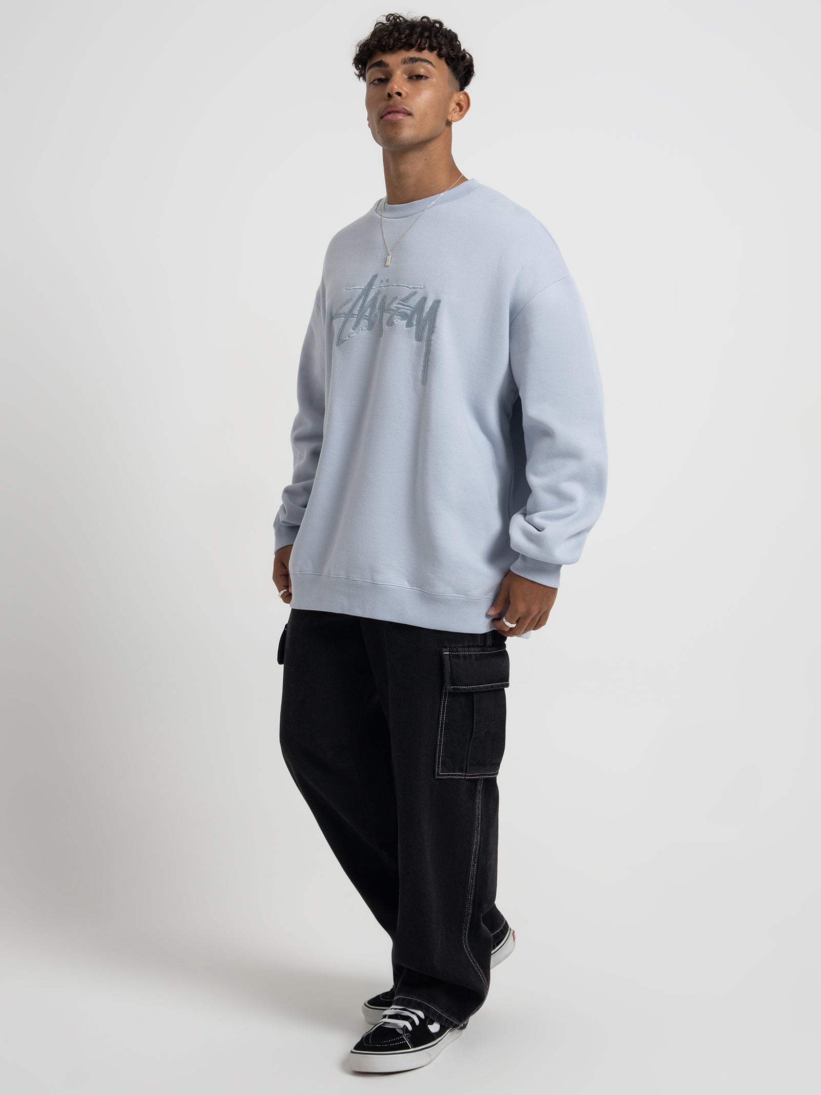 Solid Stock Embroidered Crew Sweater in Silver Blue