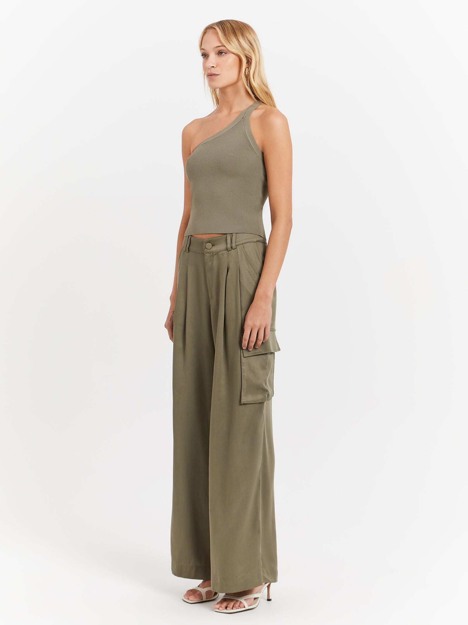 Evie Luxe Assymetric Knit Tank in Olive