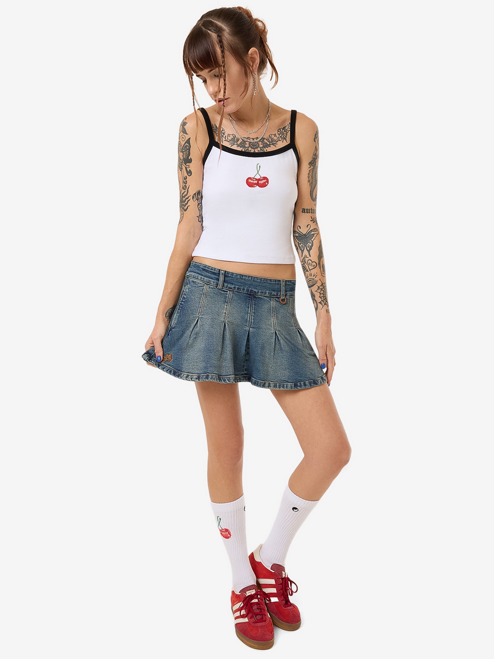 Fast Lane Pleated Denim Mini Skirt