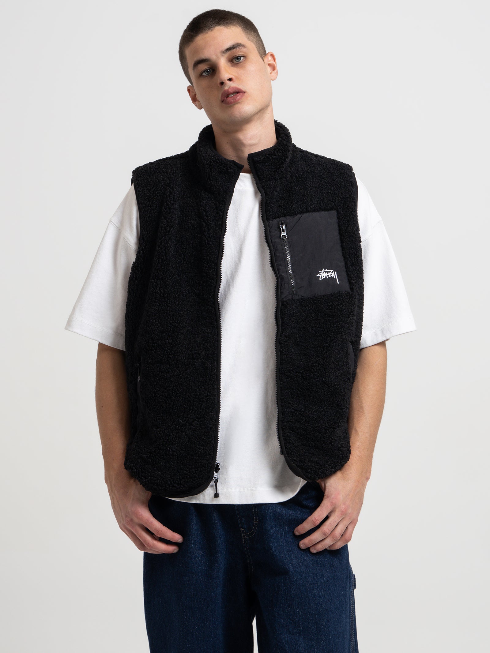 Reversible Stock Sherpa Vest in Black