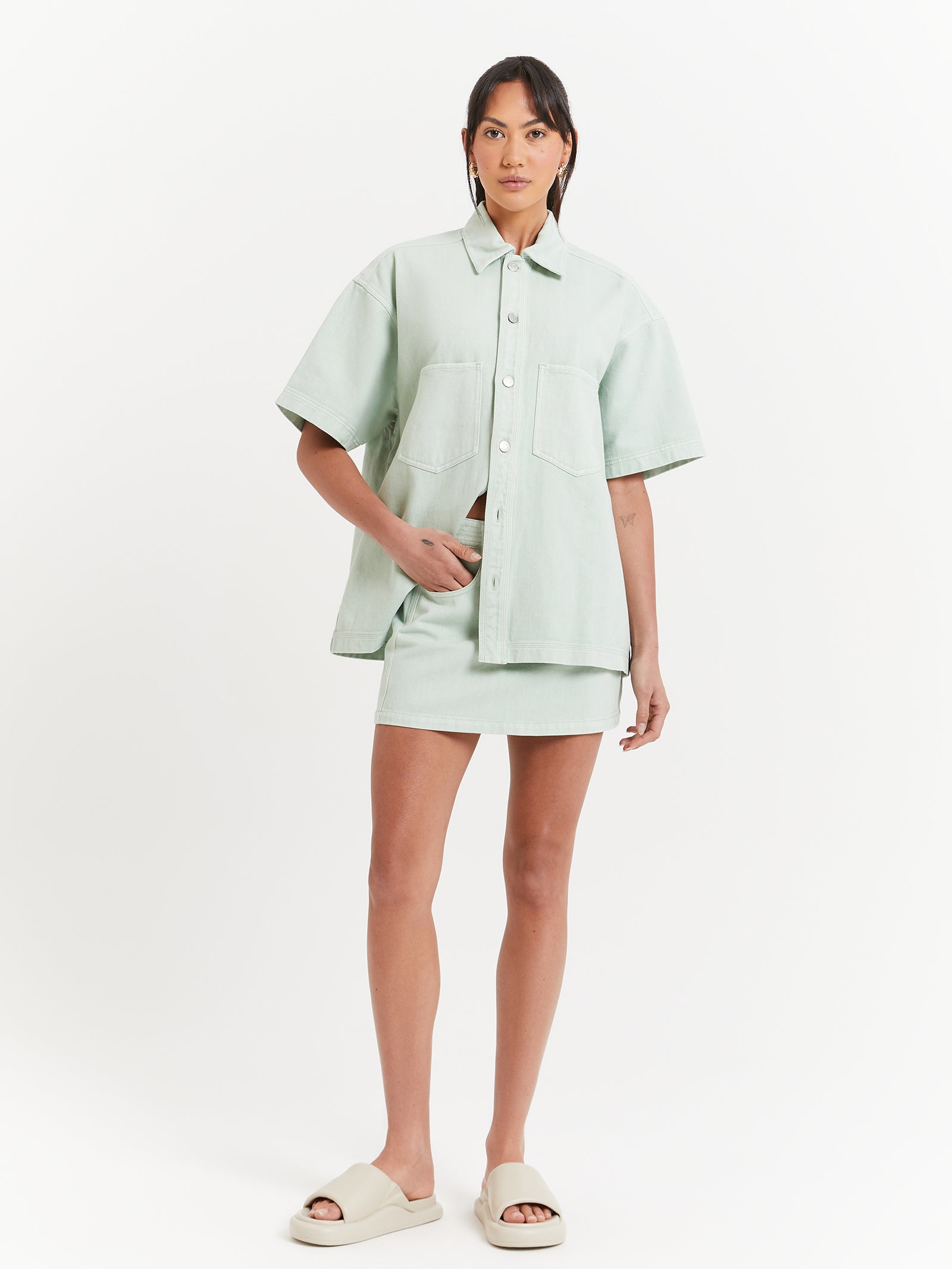 Bonita Short Sleeve Shacket in Eucalyptus Green