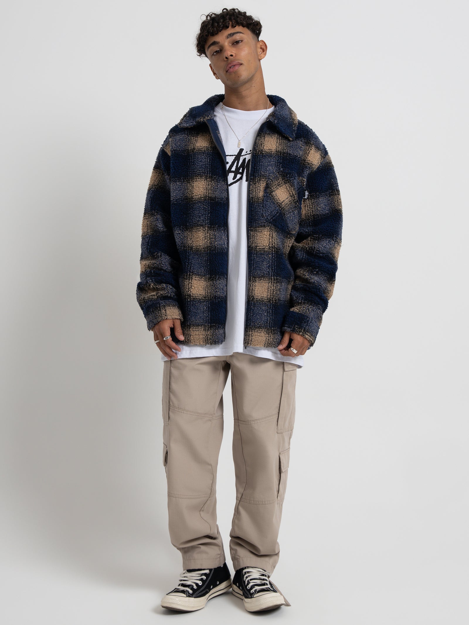 Shadow Plaid Sherpa Zip Shirt in Navy