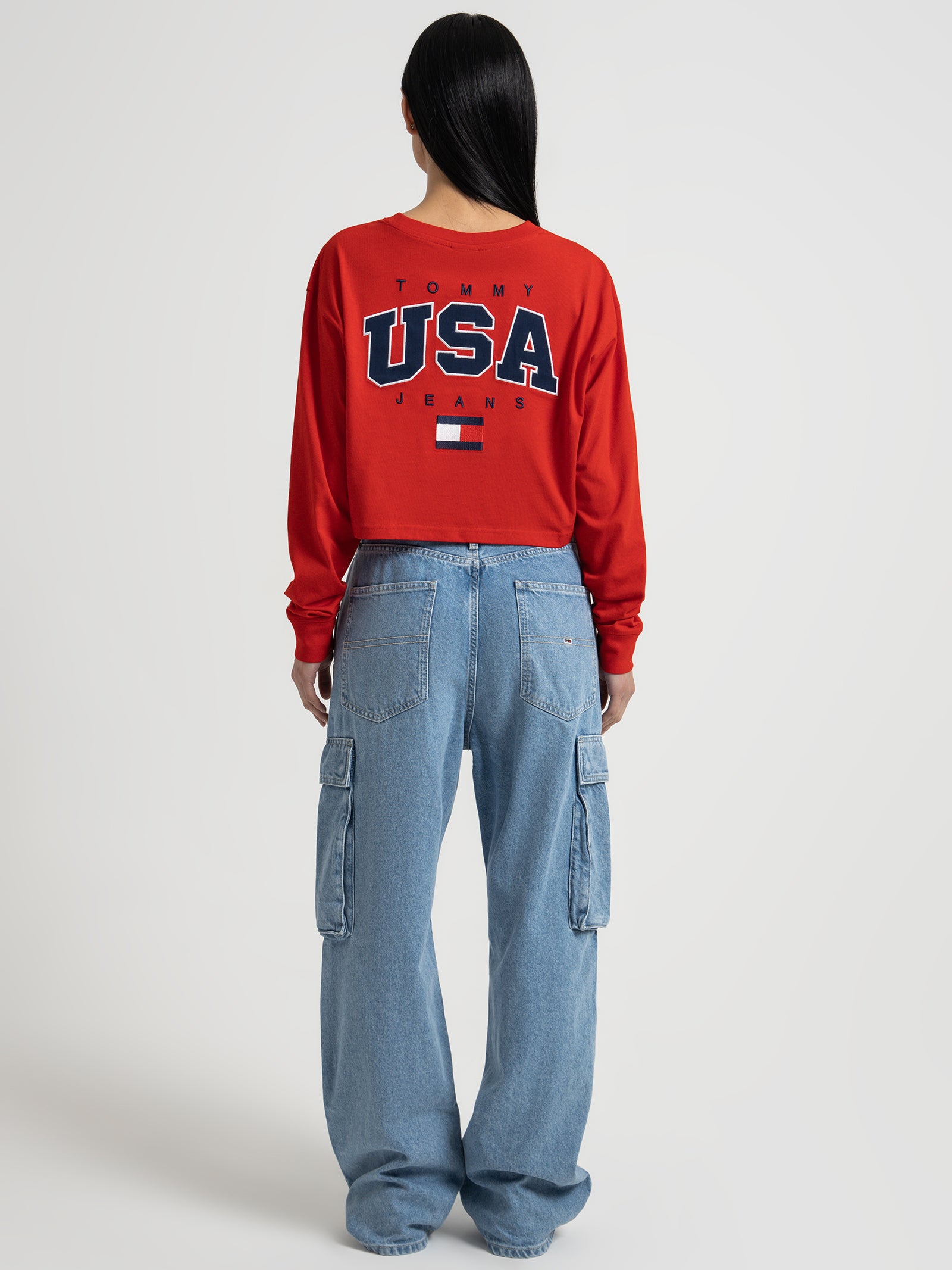 Logo Embroidery Cropped Long Sleeve T-Shirt in Crimson