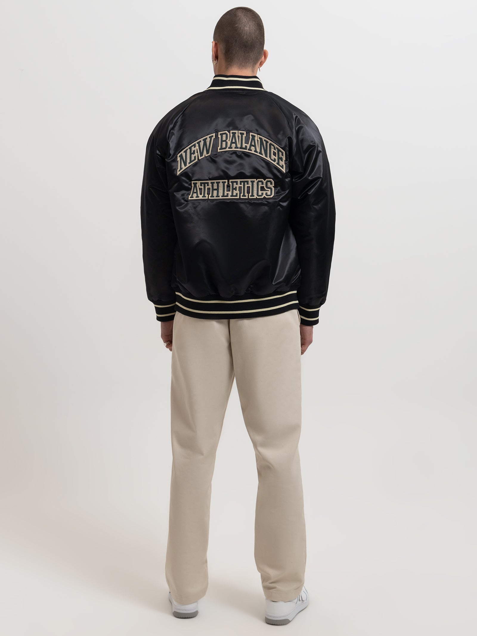 Athletics Varsity Satin Bomber Jacket in Black