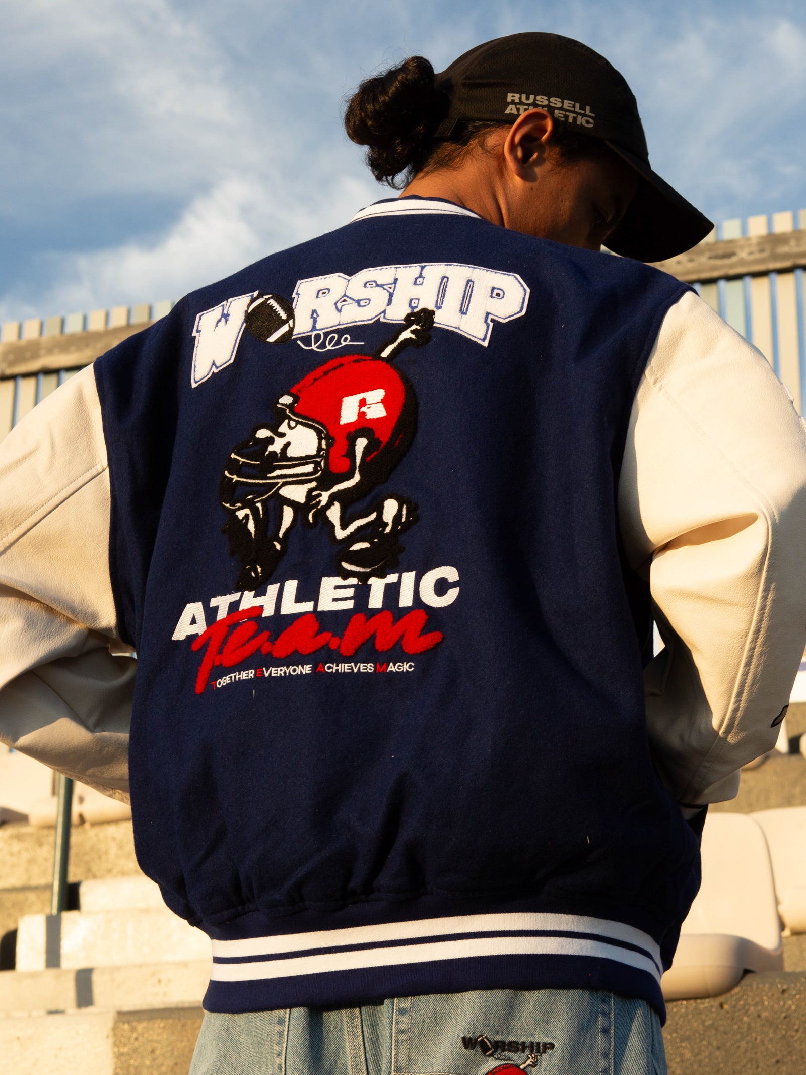 Team Spirit Letterman Jacket in Levitation Blue