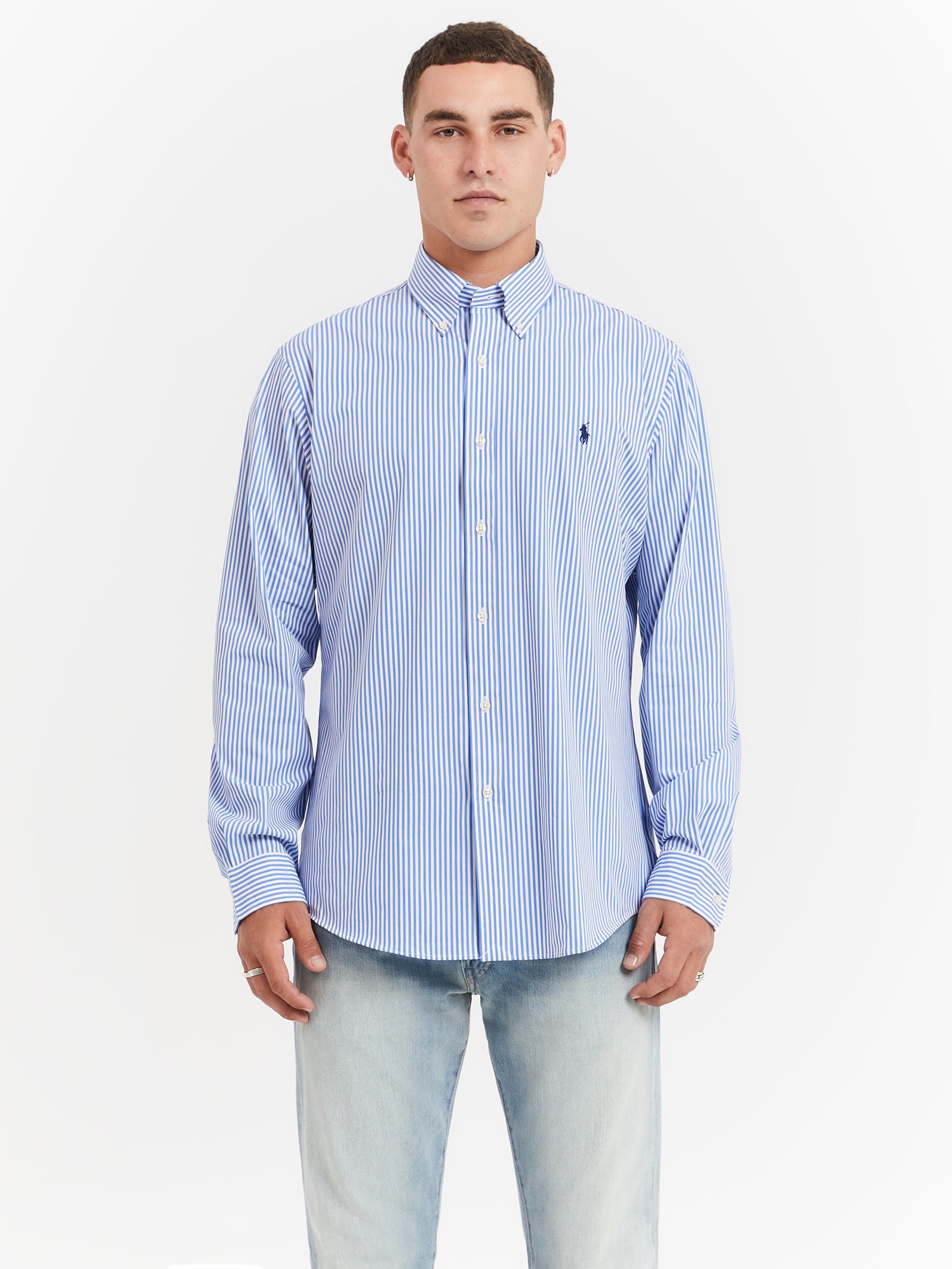 Poplin Sport Shirt in Light Blue & White