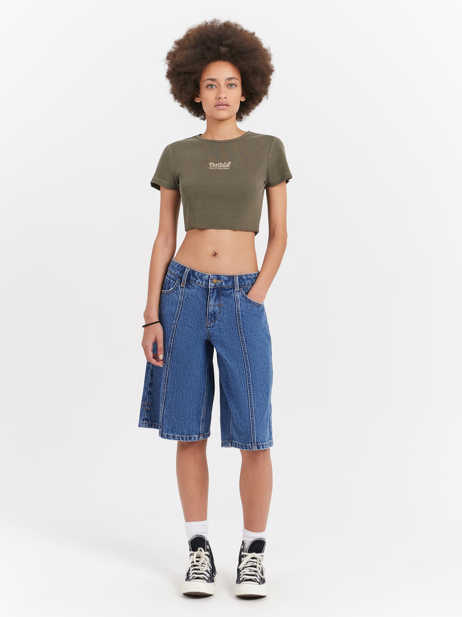 Thrills Workwear Baby Crop T-Shirt in Tarmac