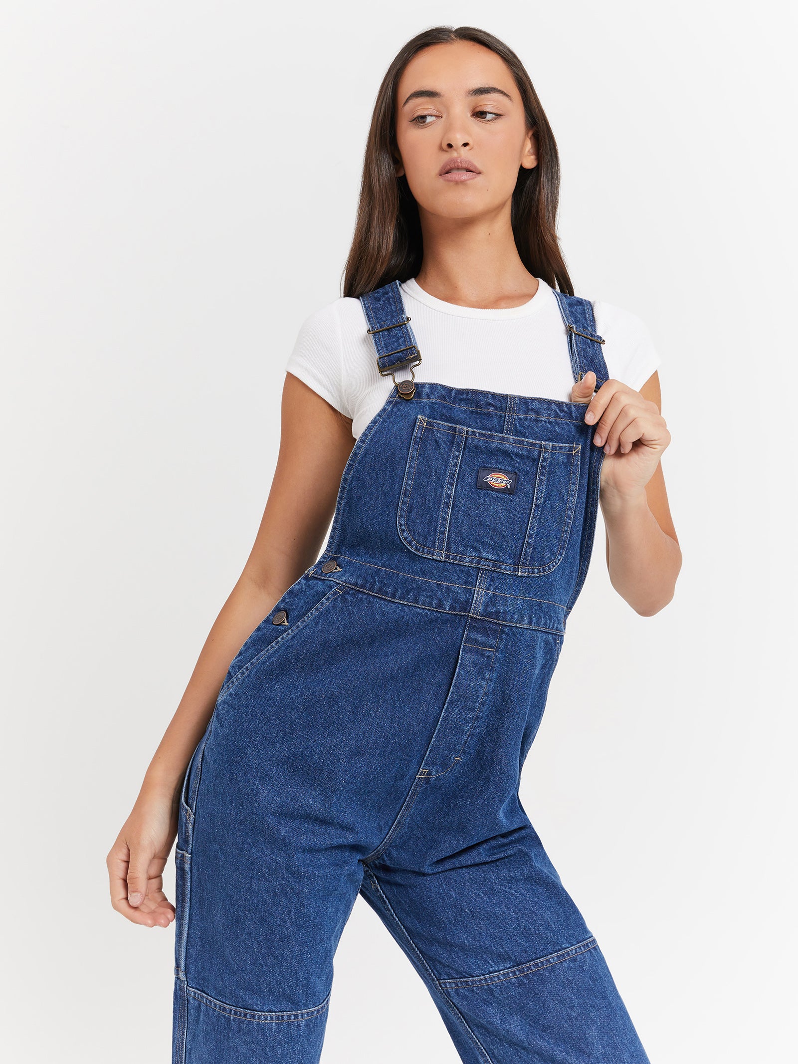 Whitney Denim Carpenter Double Knee Dungarees in Stone Wash