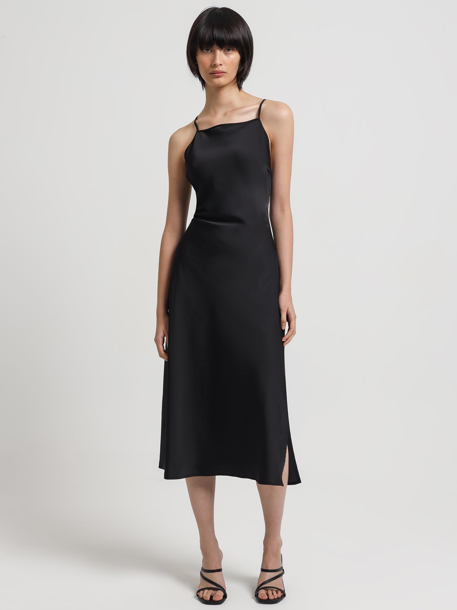 Karis Satin Midi Dress in Black