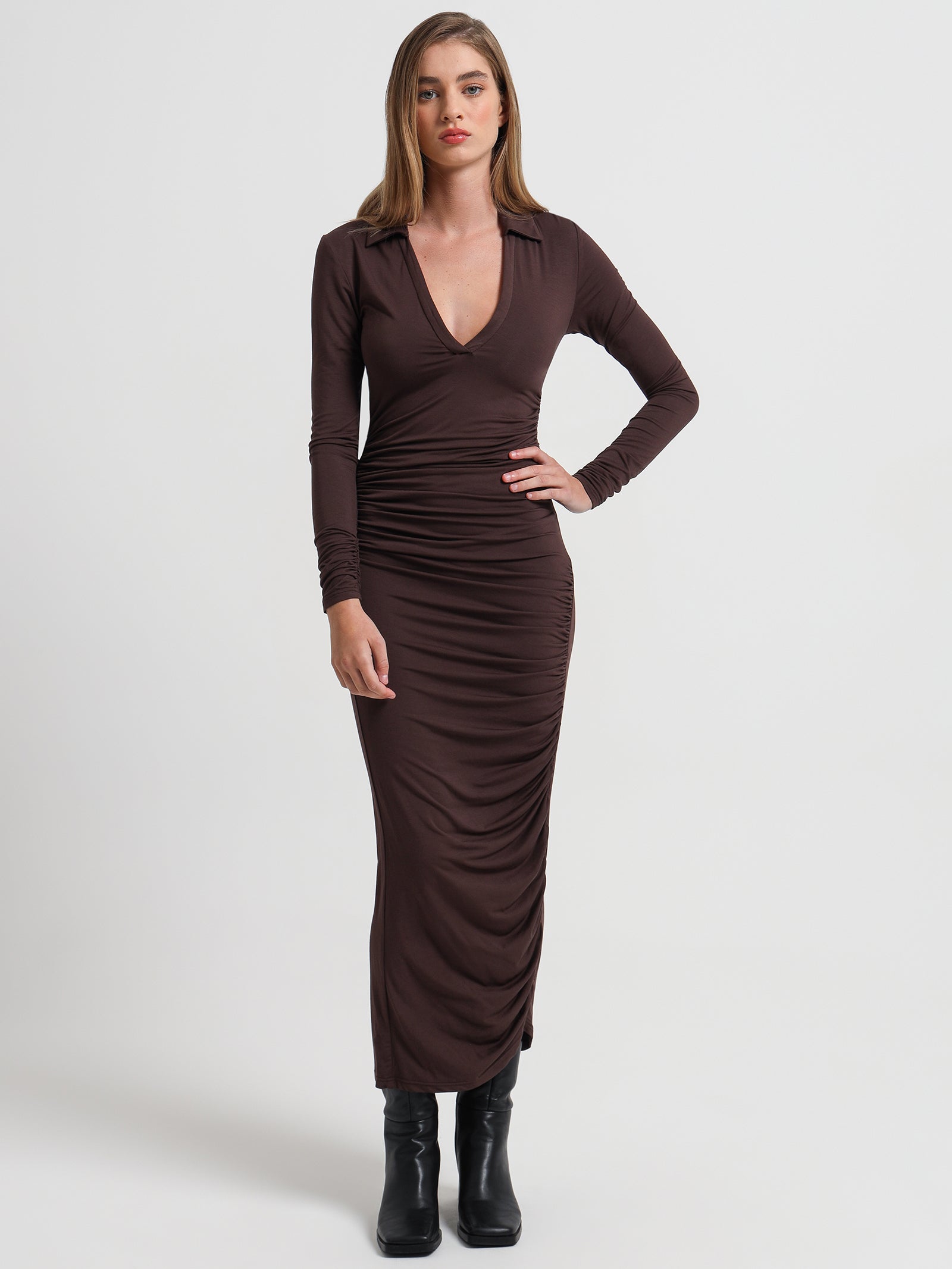 Alexa Jersey Midi Dress in Chocolate