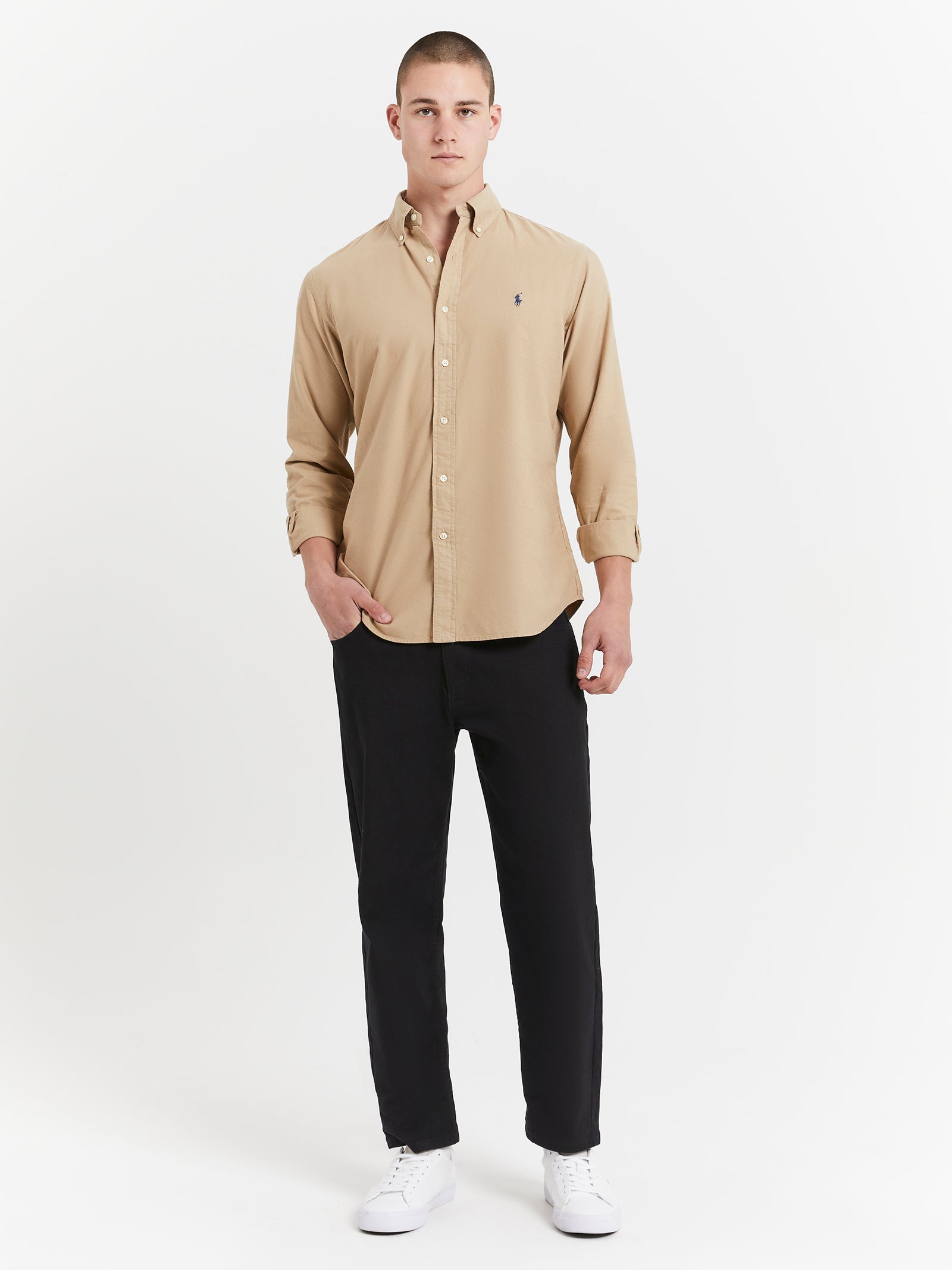 Long Sleeve Button Up Oxford Shirt in Surrey Tan