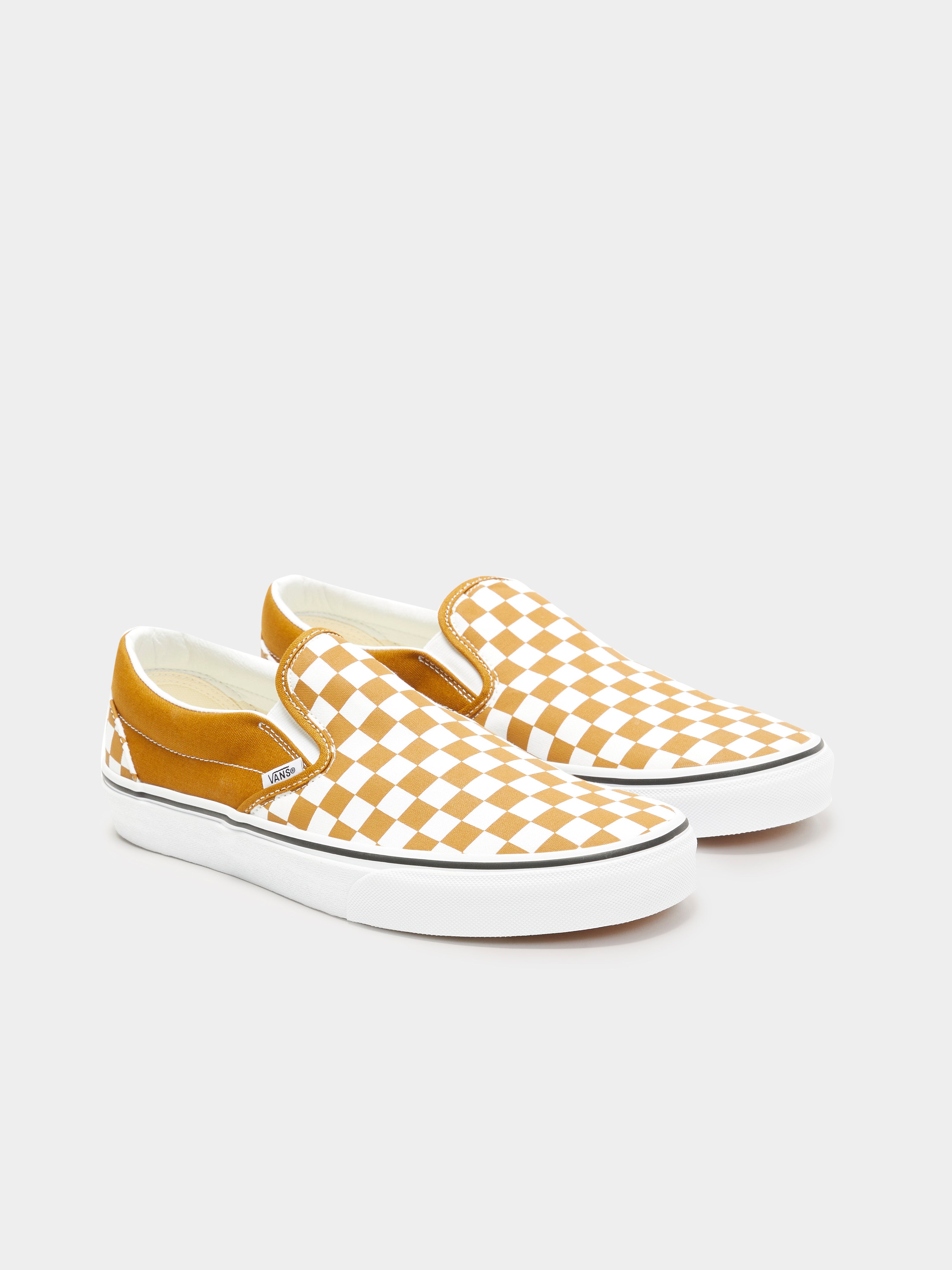 Unisex Color Theory Checkerboard Slip-On Sneakers in Golden Brown