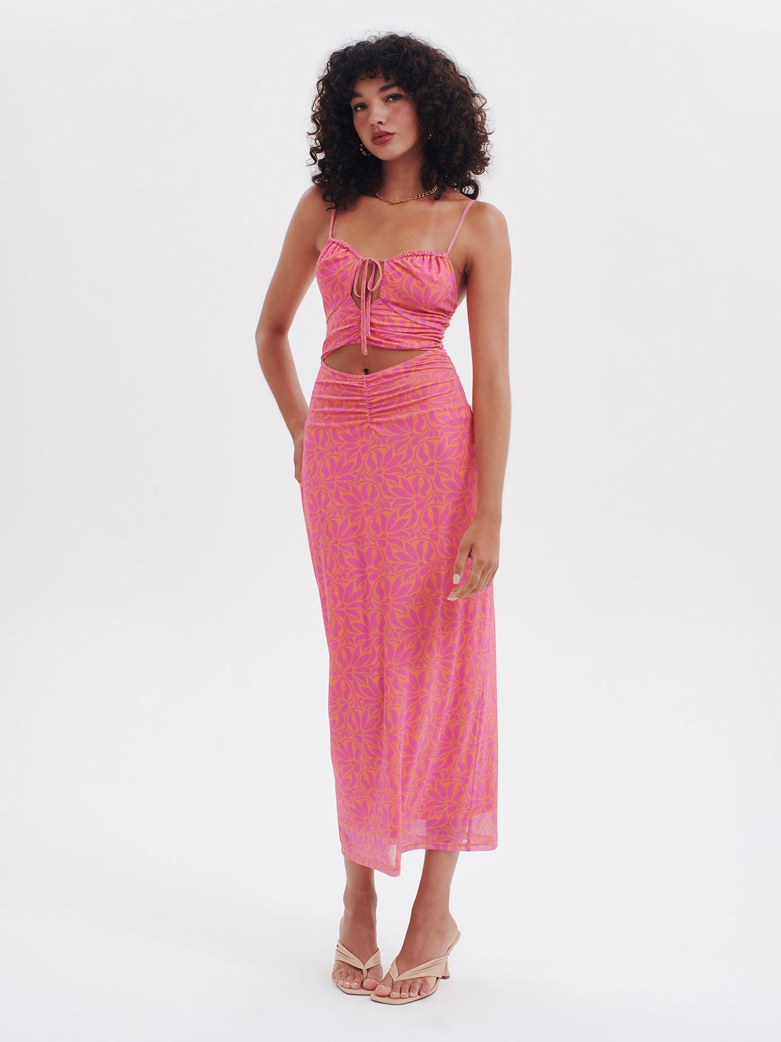 Desire Mesh Midi Dress in Pink Palm