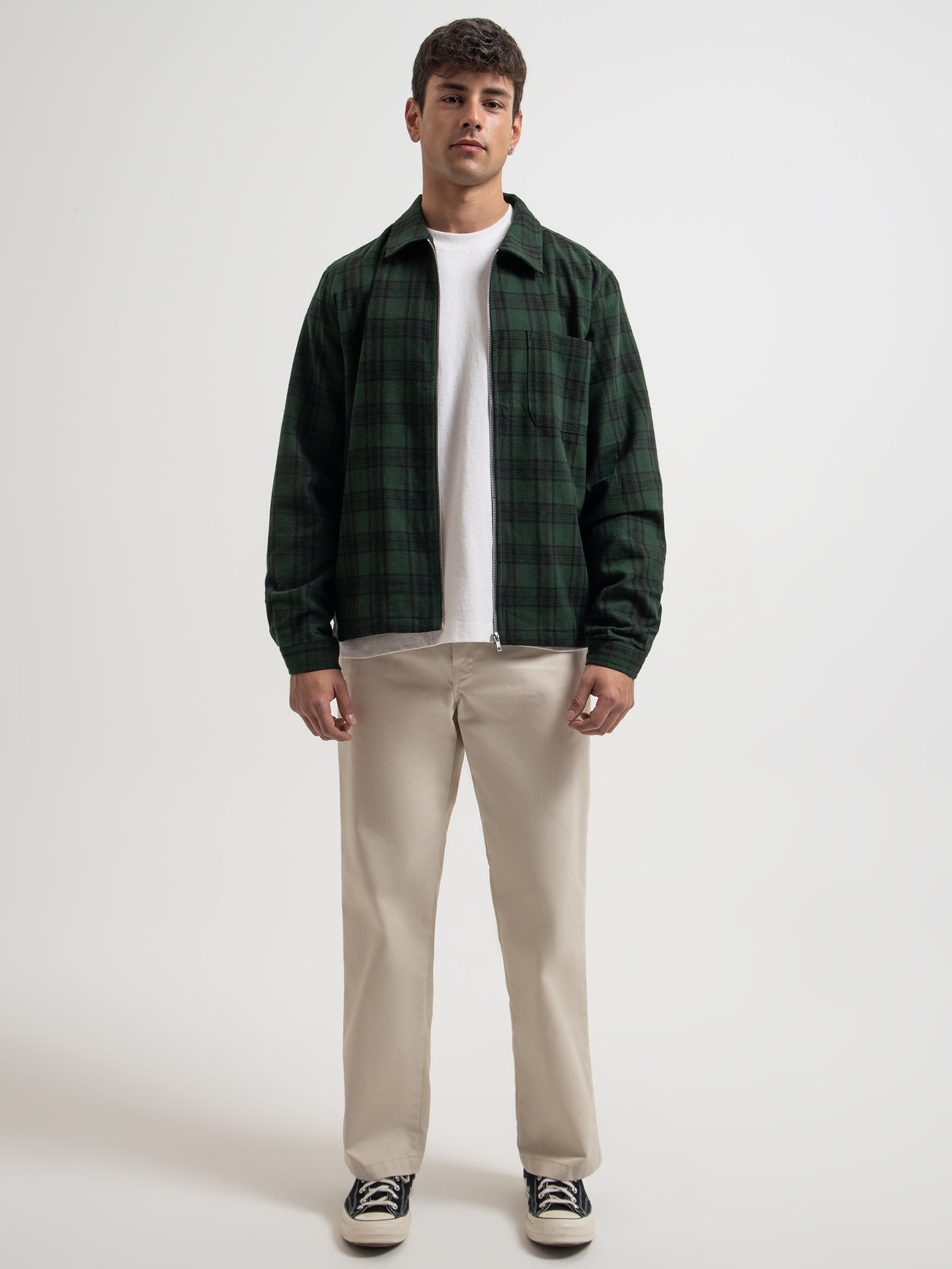 Shadow Plaid Zip Up Shirt in Green