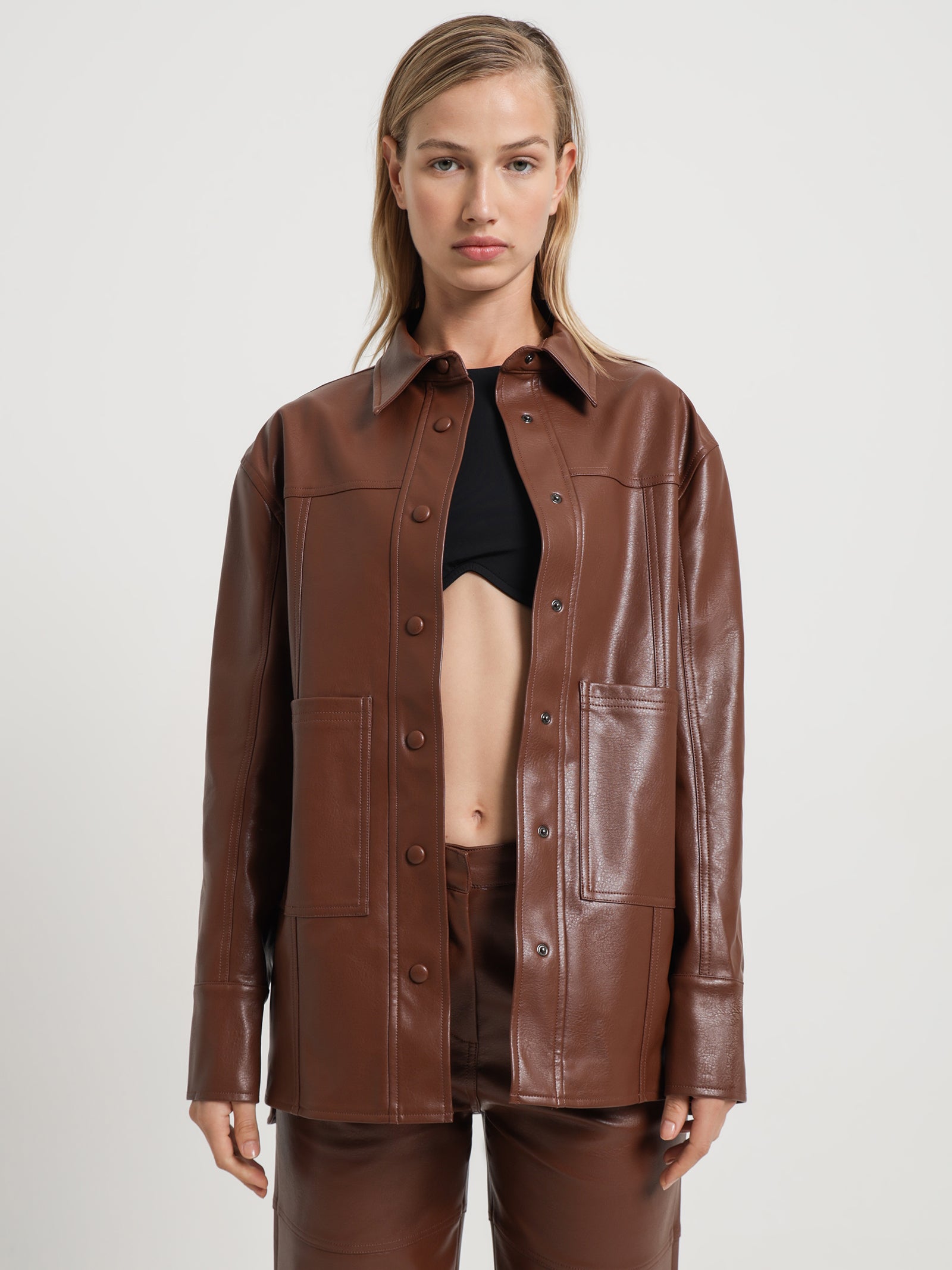 Zima Faux Leather Shacket in Cognac