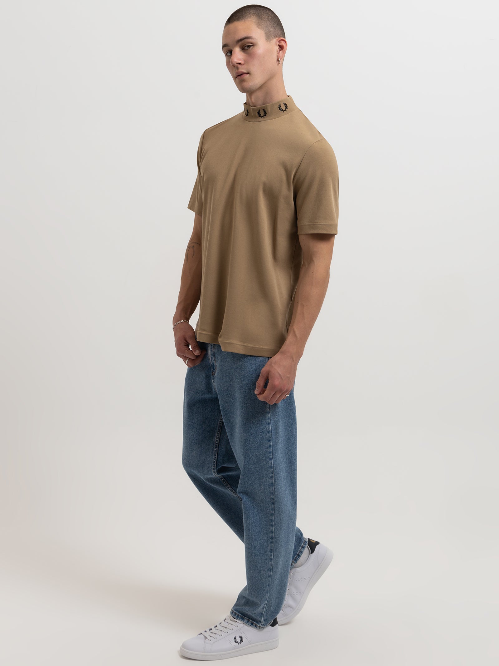 Laurel Wreath High Neck T-Shirt in Warm Stone