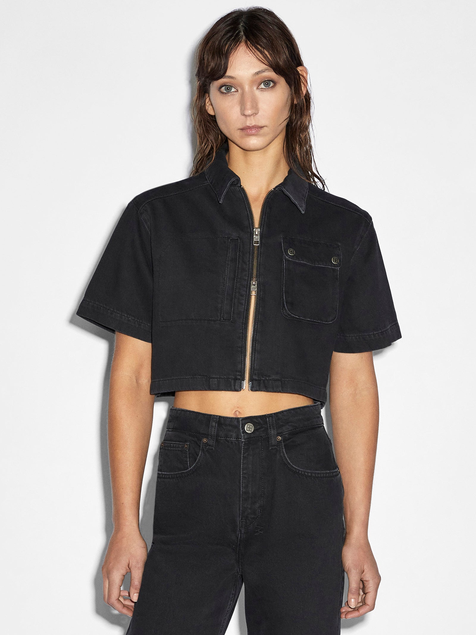 Boxy Crop Short Sleeve Shirt in Stealth Black