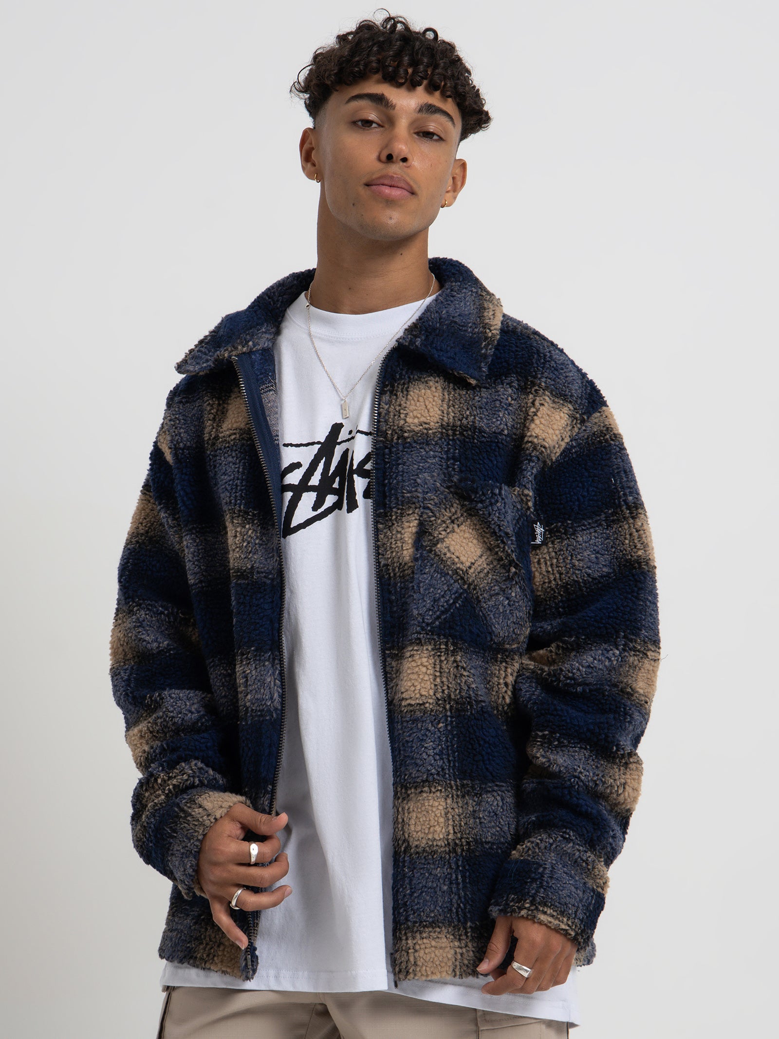 Shadow Plaid Sherpa Zip Shirt in Navy