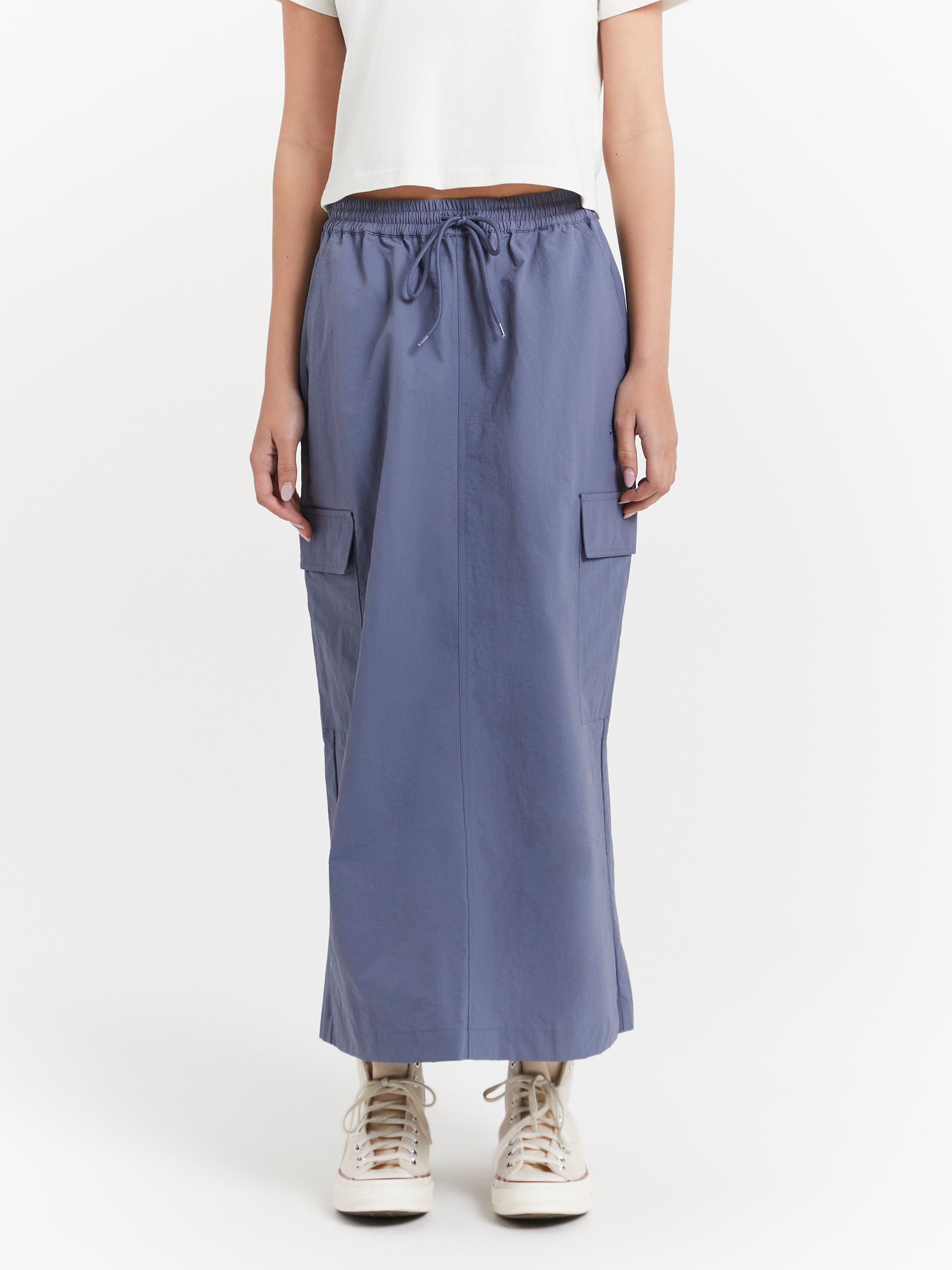 Nylon Cargo Midi Skirt in Steel Blue