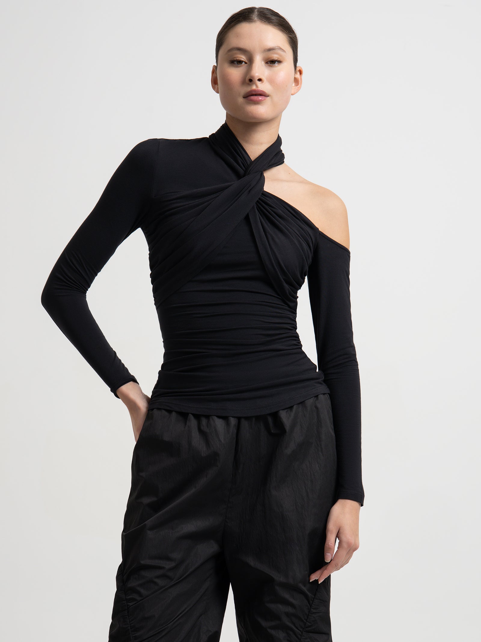 Ladee Twisted Neckline Jersey Top in Black