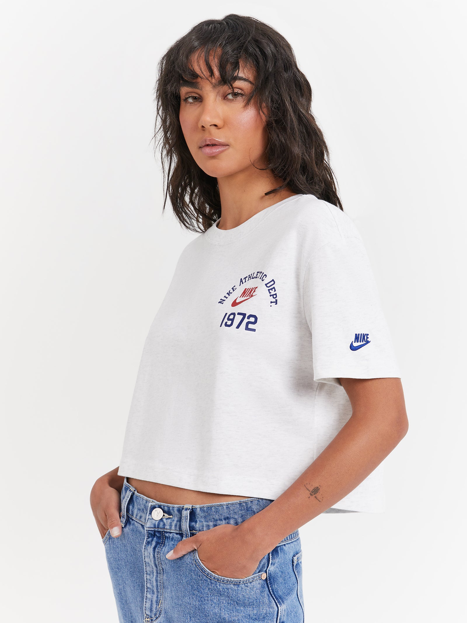 Nike Sportswear Cropped T-Shirt in Birch Heather & Deep Royal Blue