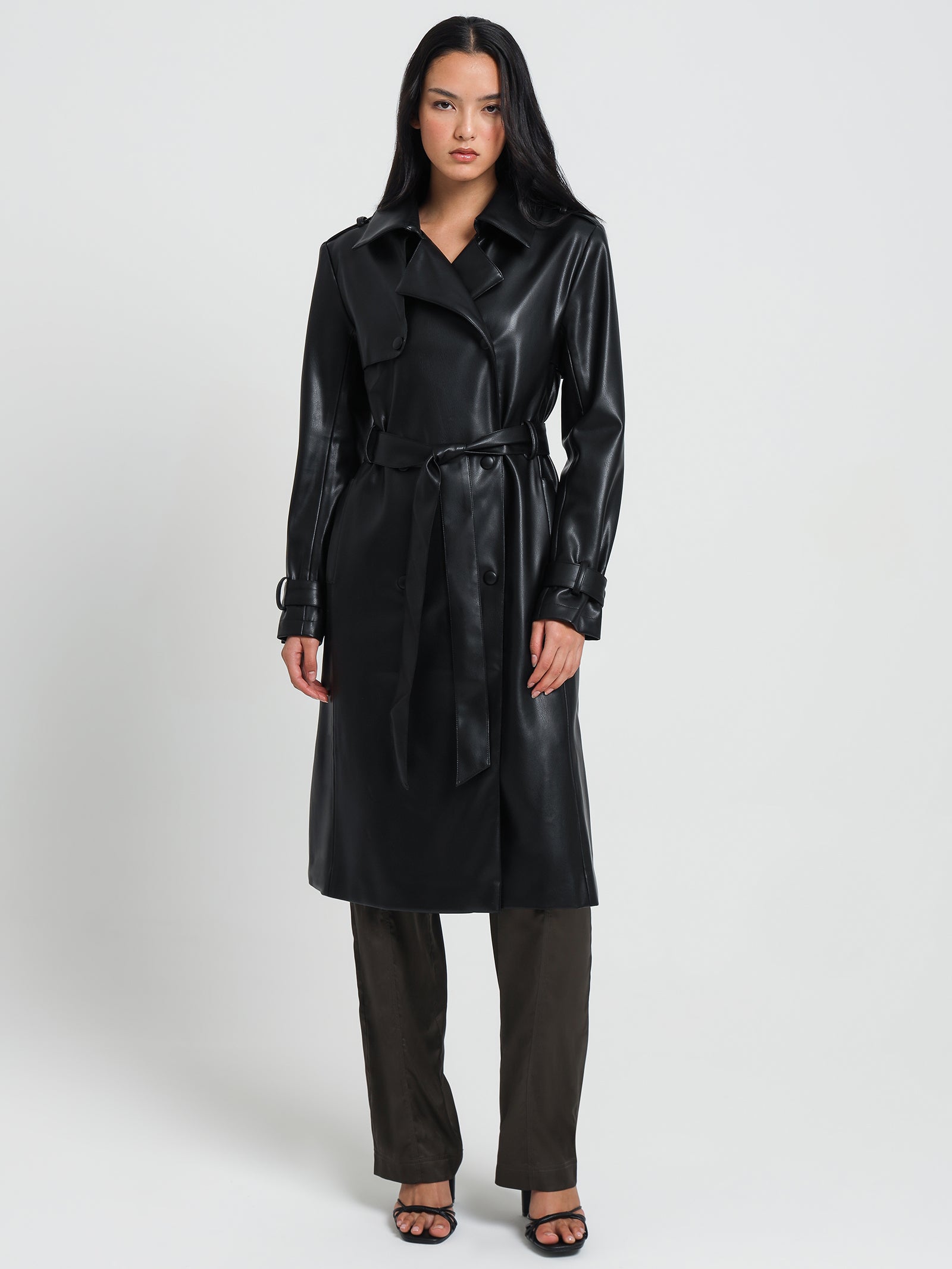 Hye Faux Leather Trench in Black