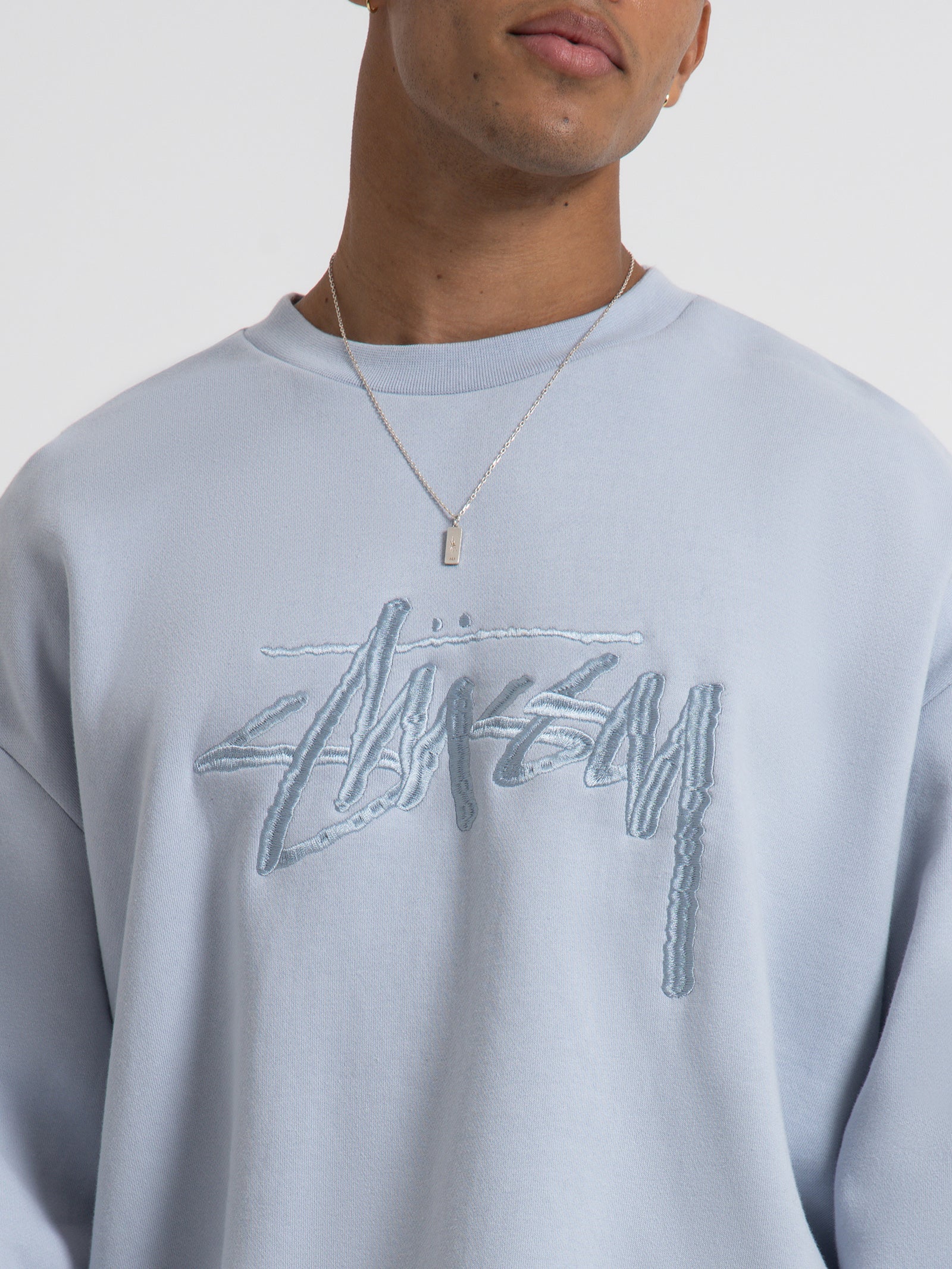 Solid Stock Embroidered Crew Sweater in Silver Blue