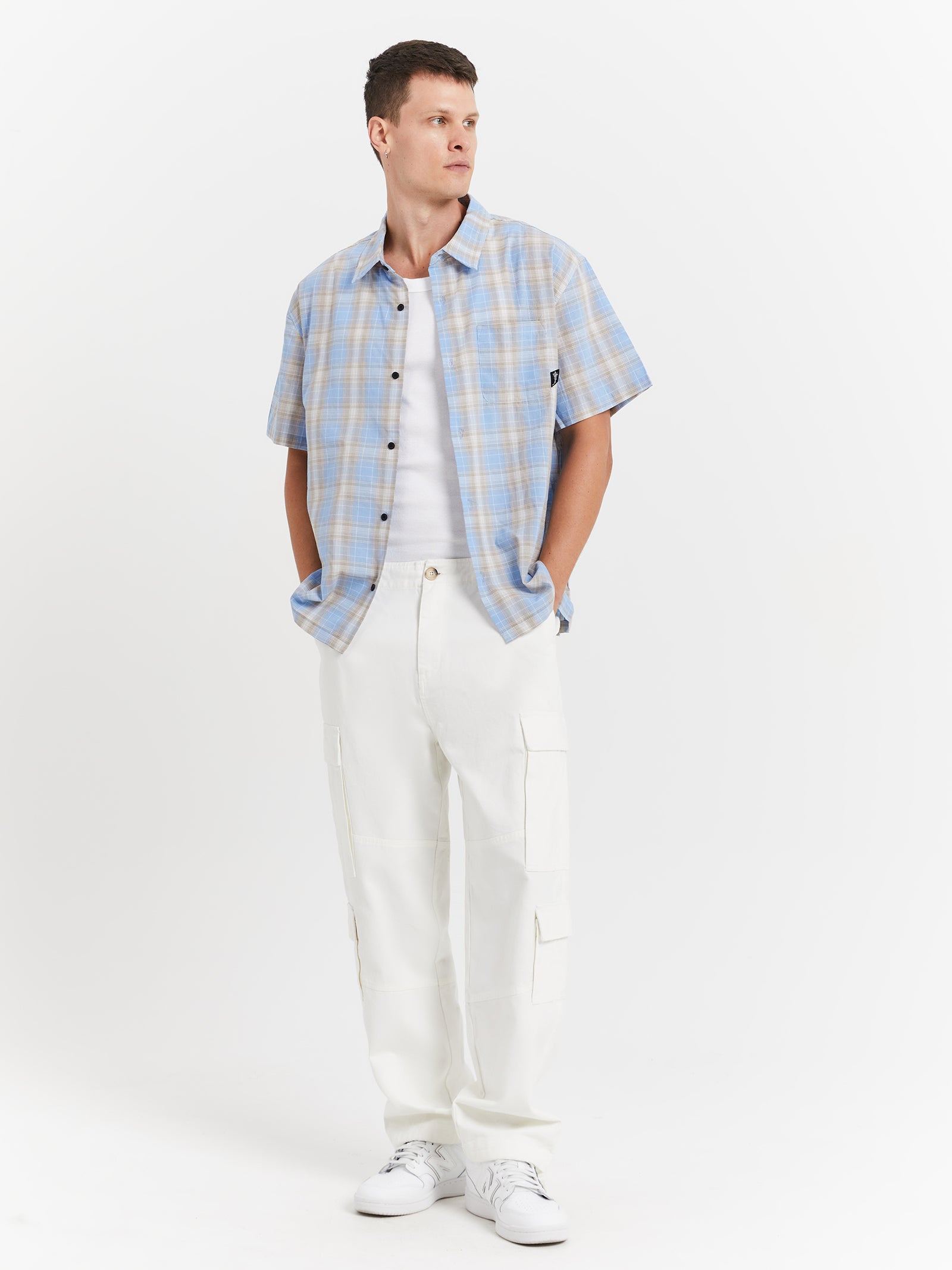 Prion Check Pocket Short Sleeve Shirt in Sky Blue