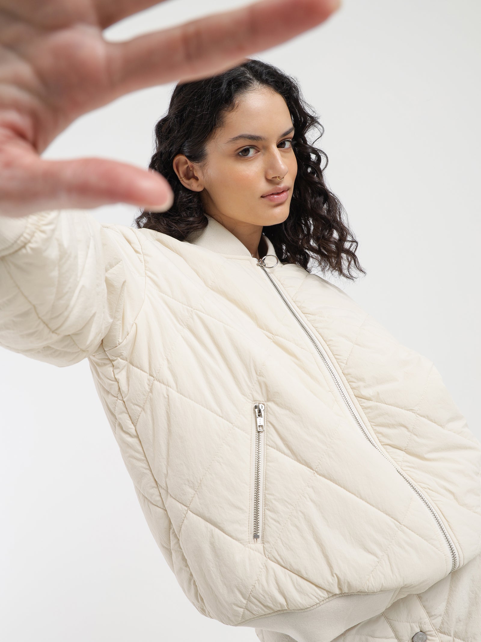 Zara Quilted Bomber in Off White