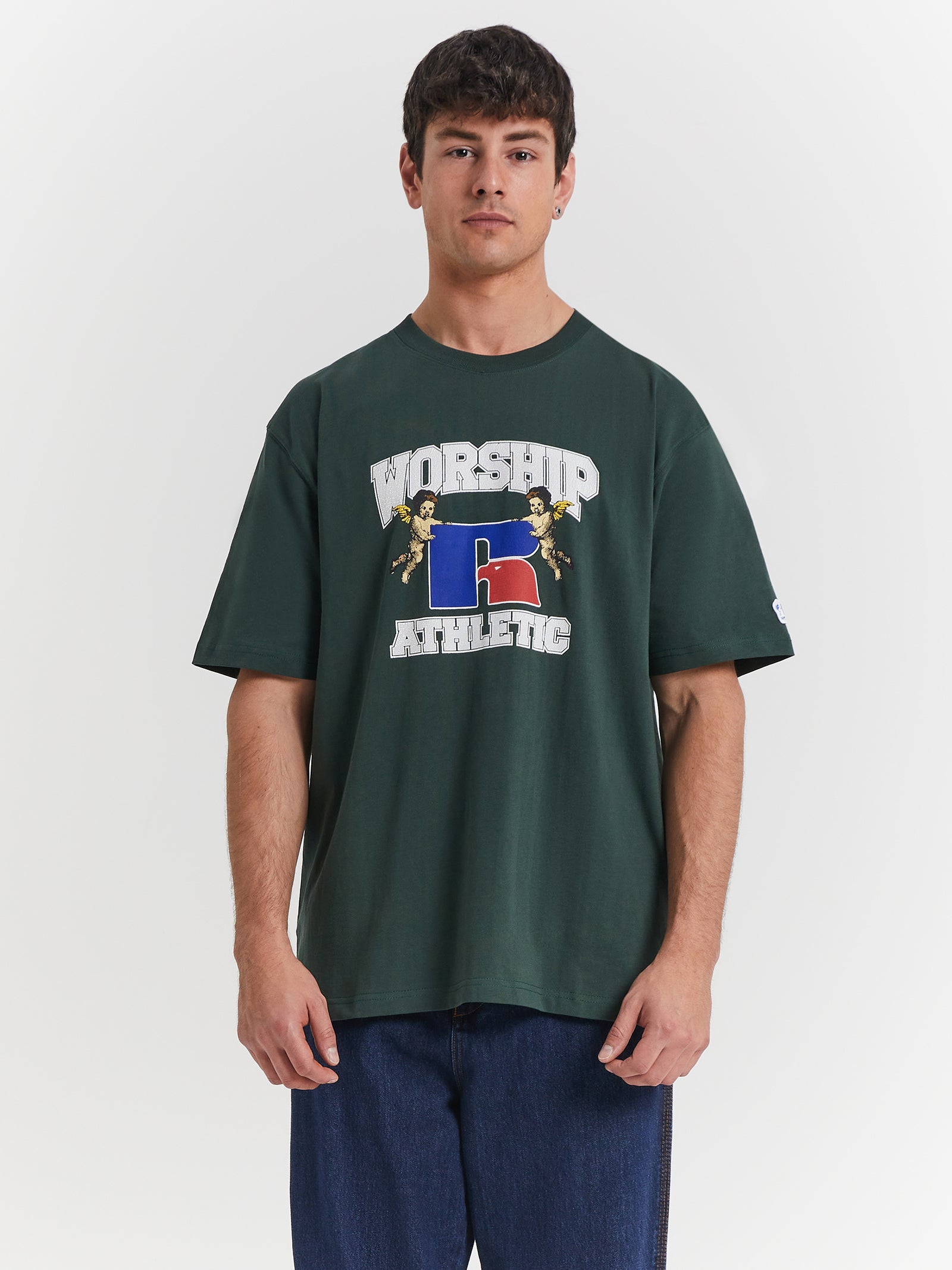 Worship x Russell Athletic Groundkeepers T-Shirt in Sycamore Green