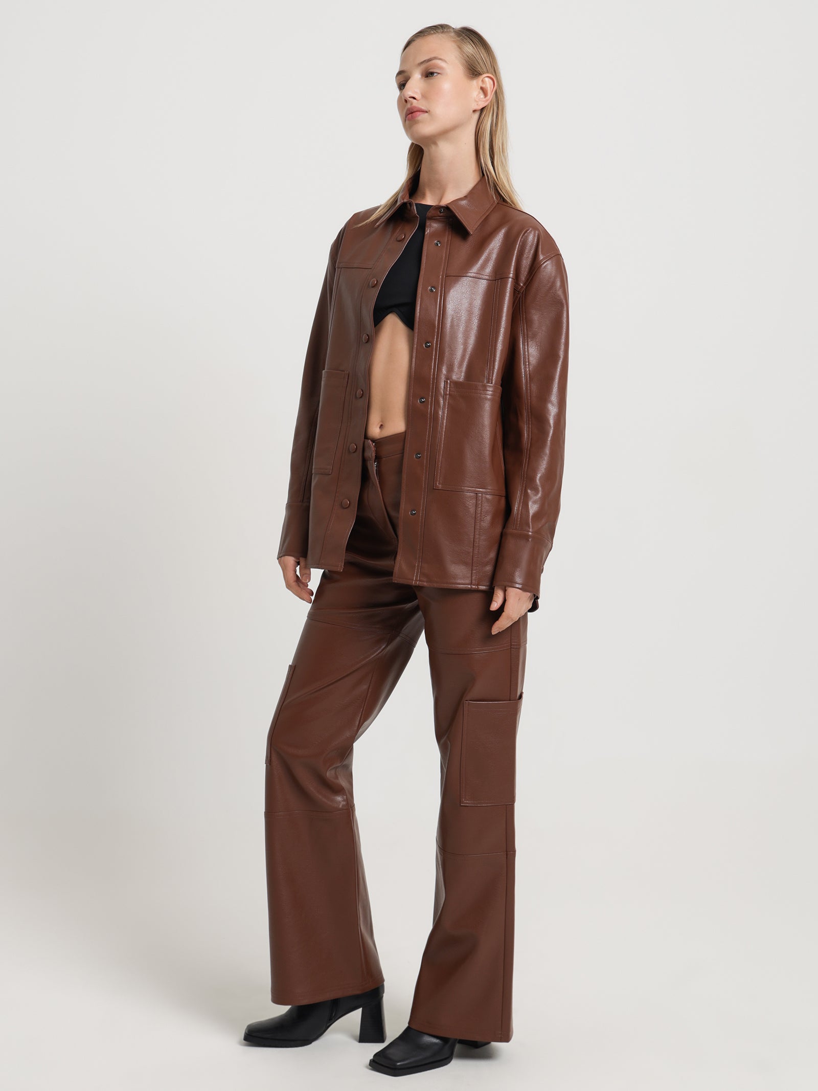 Zima Faux Leather Shacket in Cognac