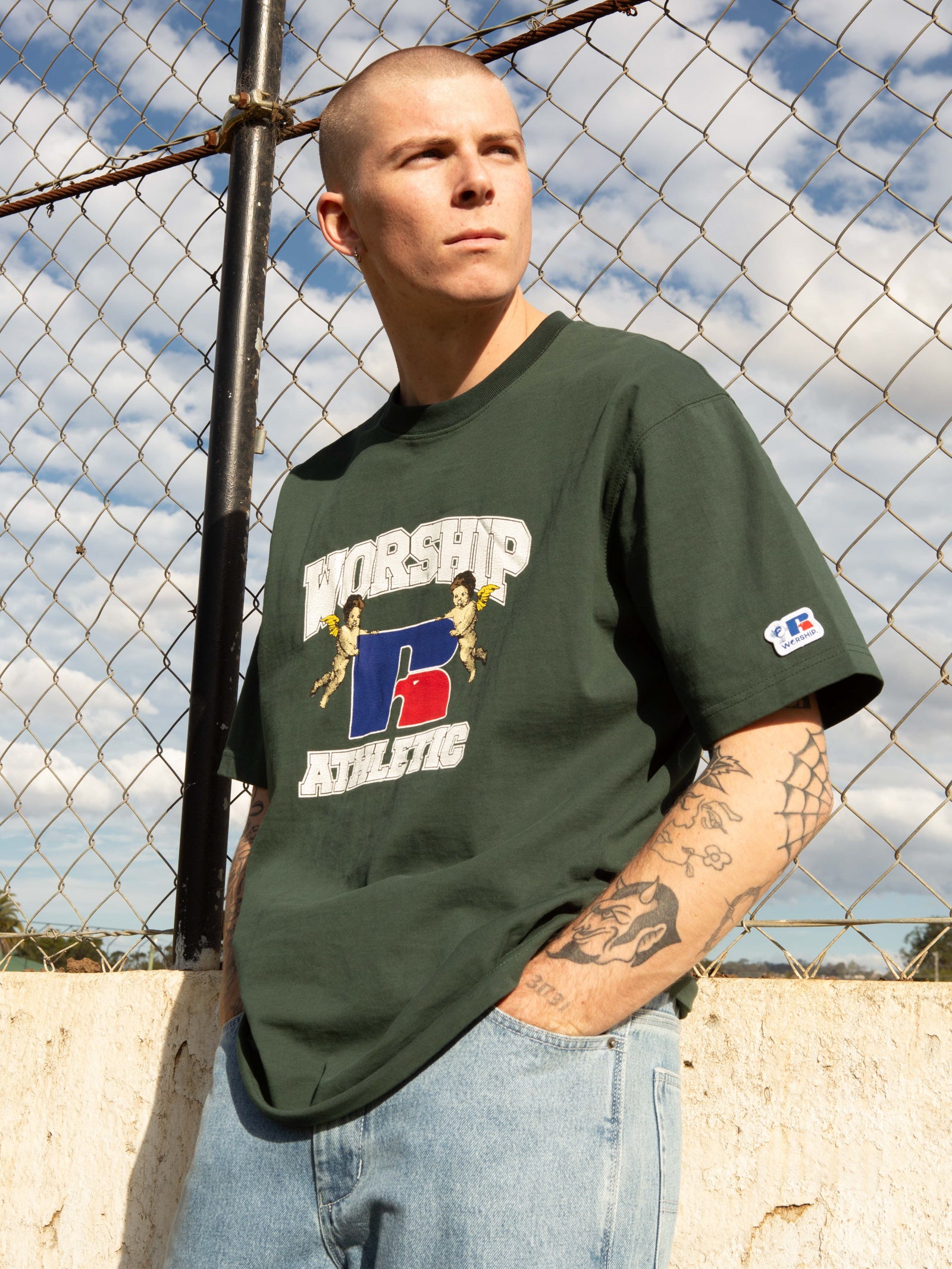 Worship x Russell Athletic Groundkeepers T-Shirt in Sycamore Green