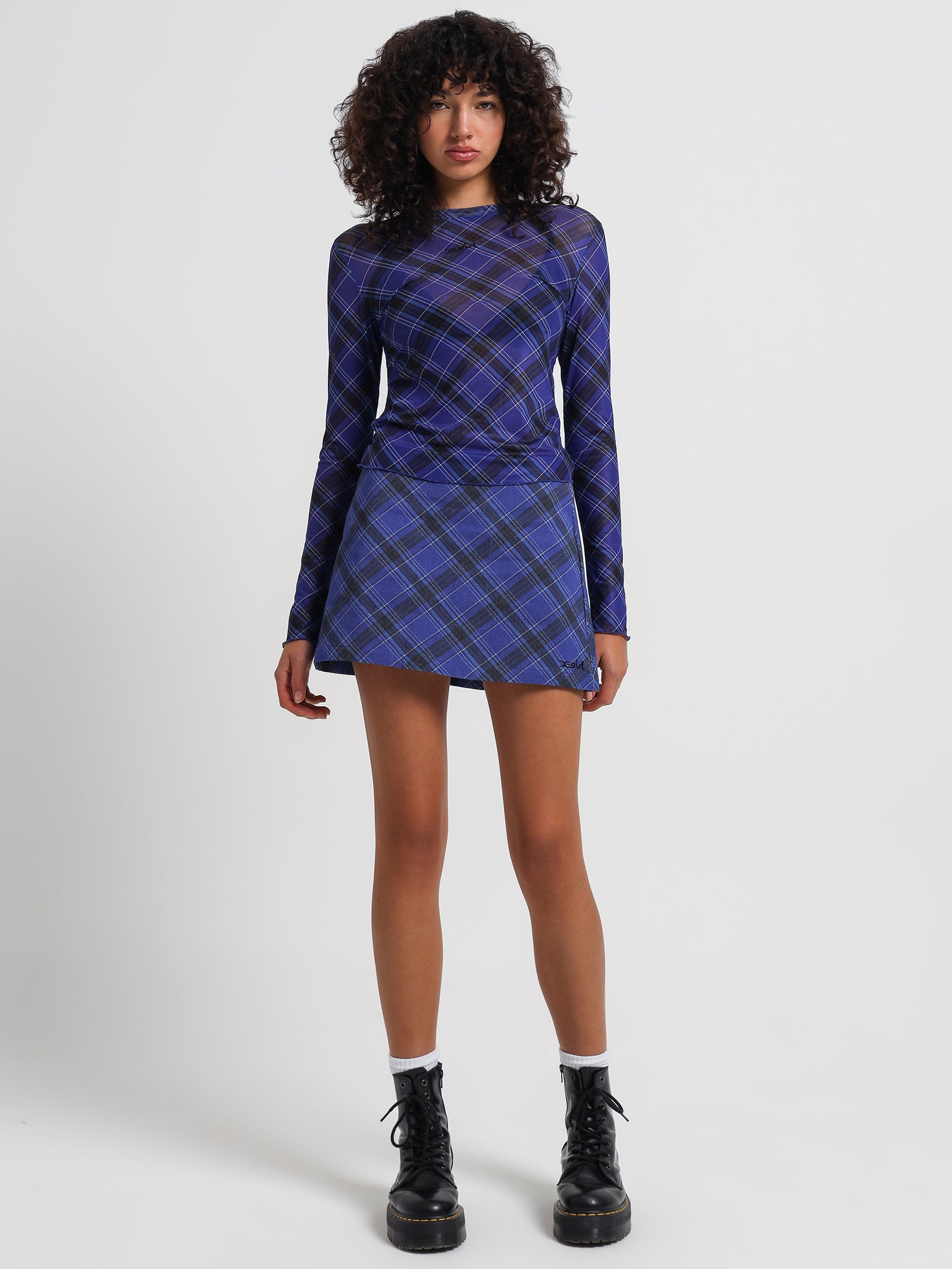 Tartan Plaid Mesh Top in Cobalt