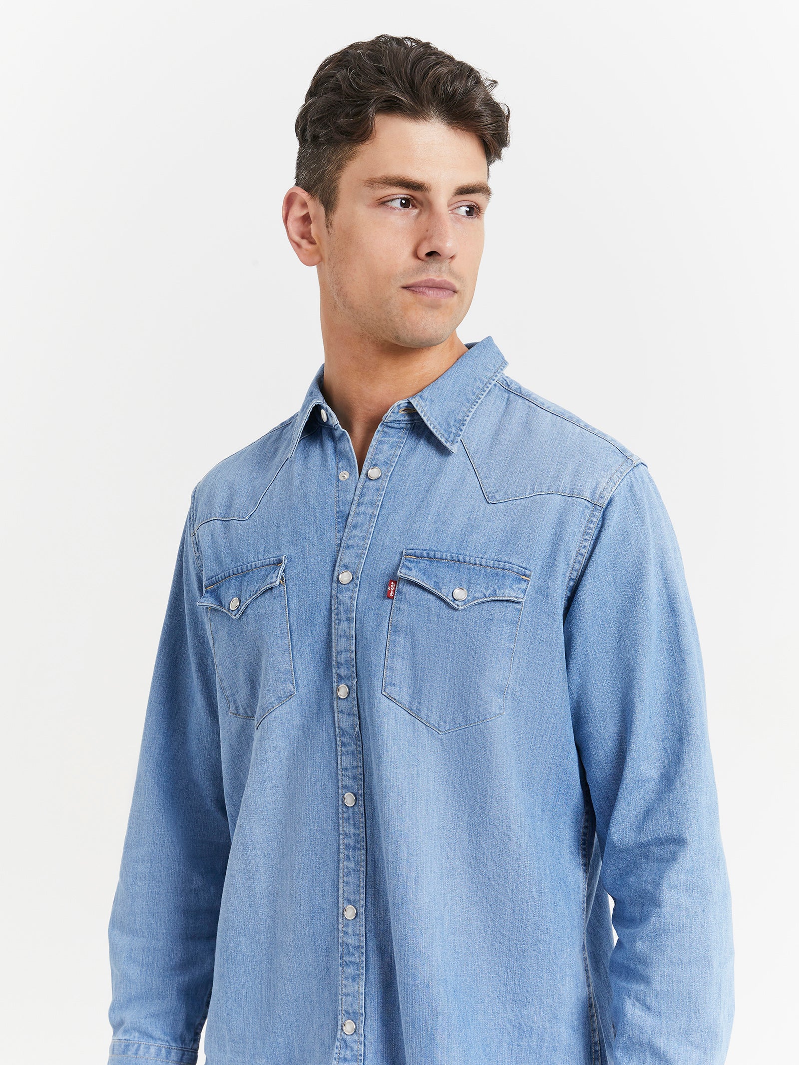 Barstow Western Denim Shirt in Red Cast Stone Light Wash