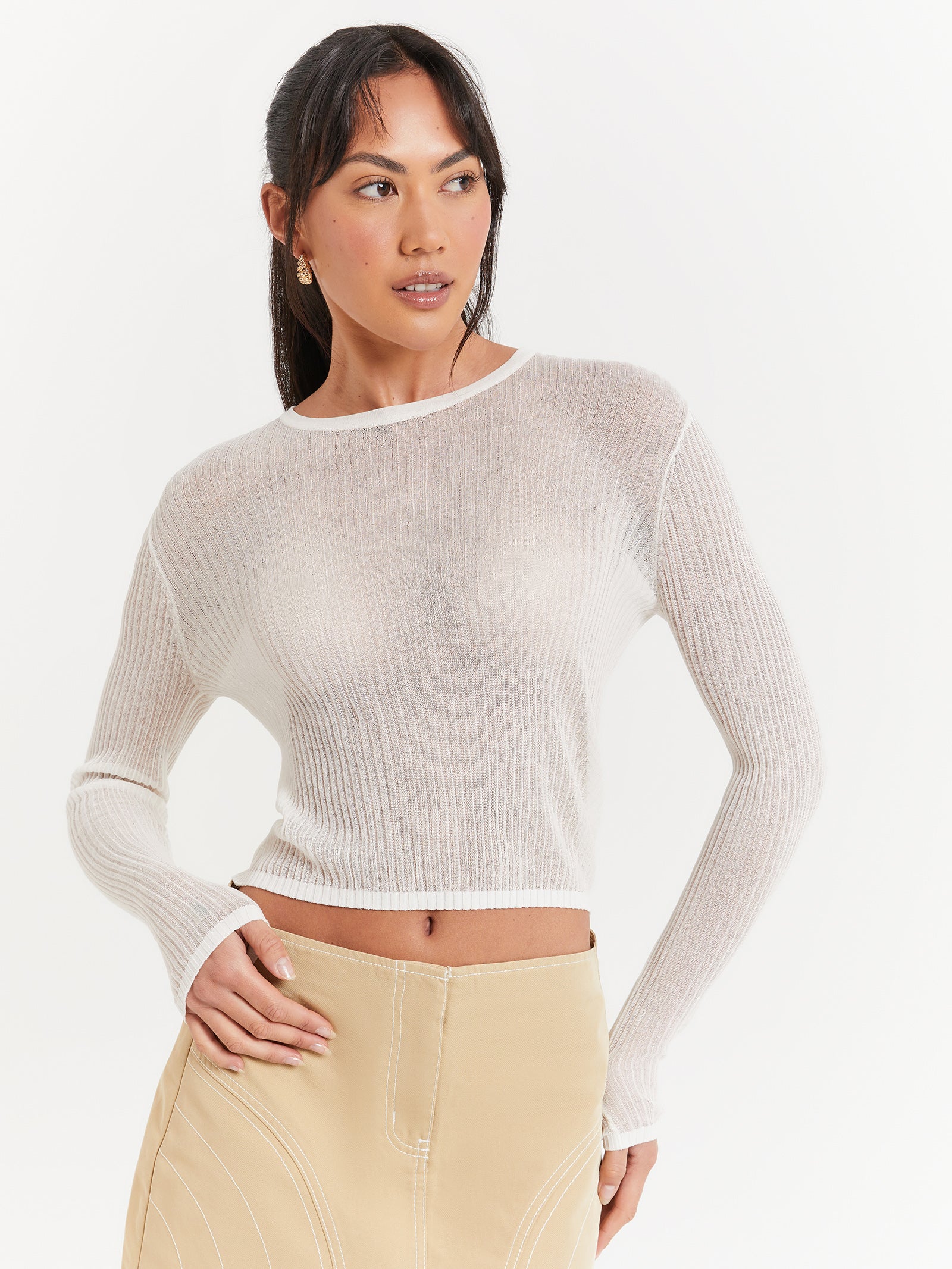 Adelaide Sheer Long Sleeve Top in Off White