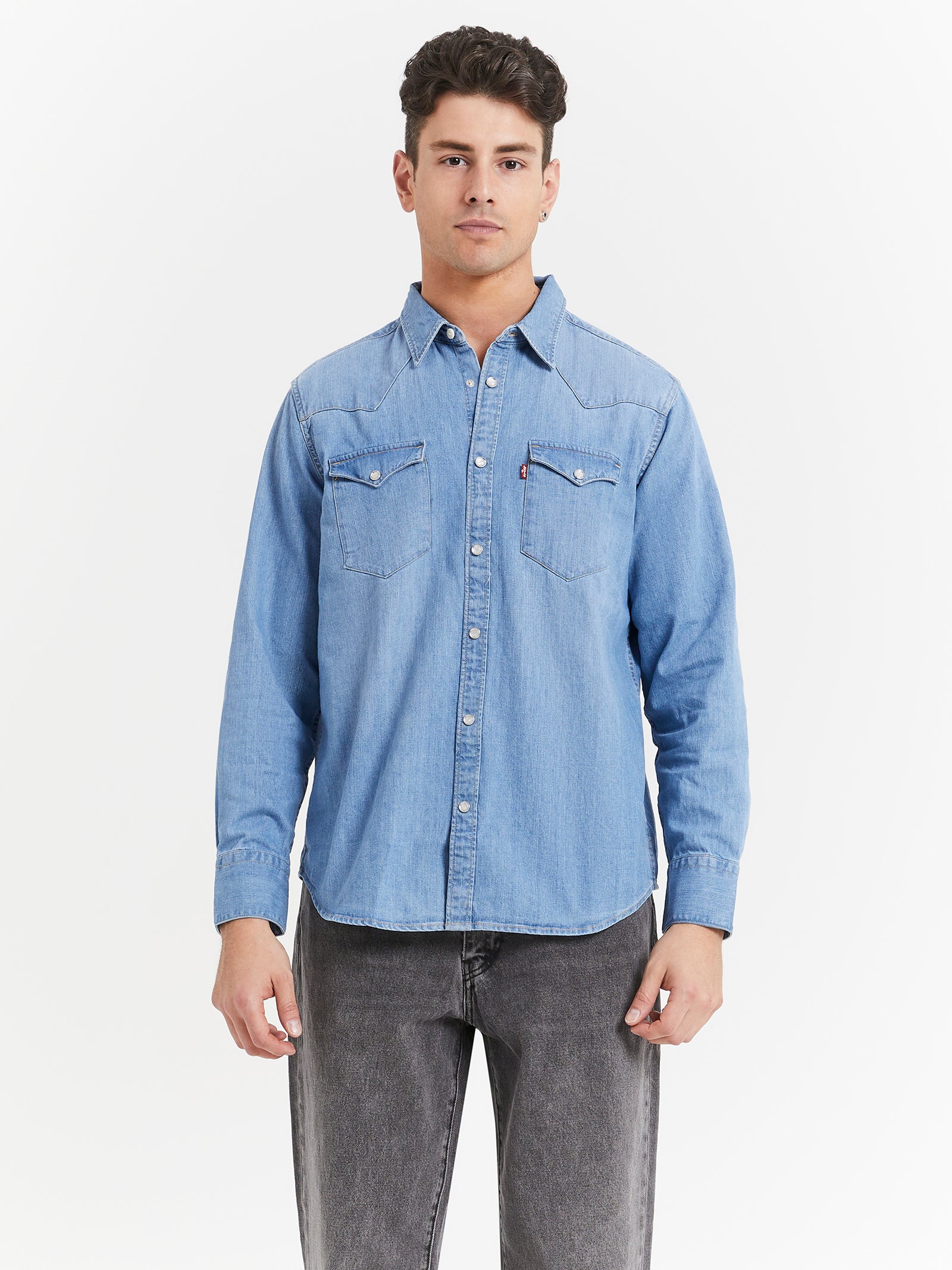 Barstow Western Denim Shirt in Red Cast Stone Light Wash