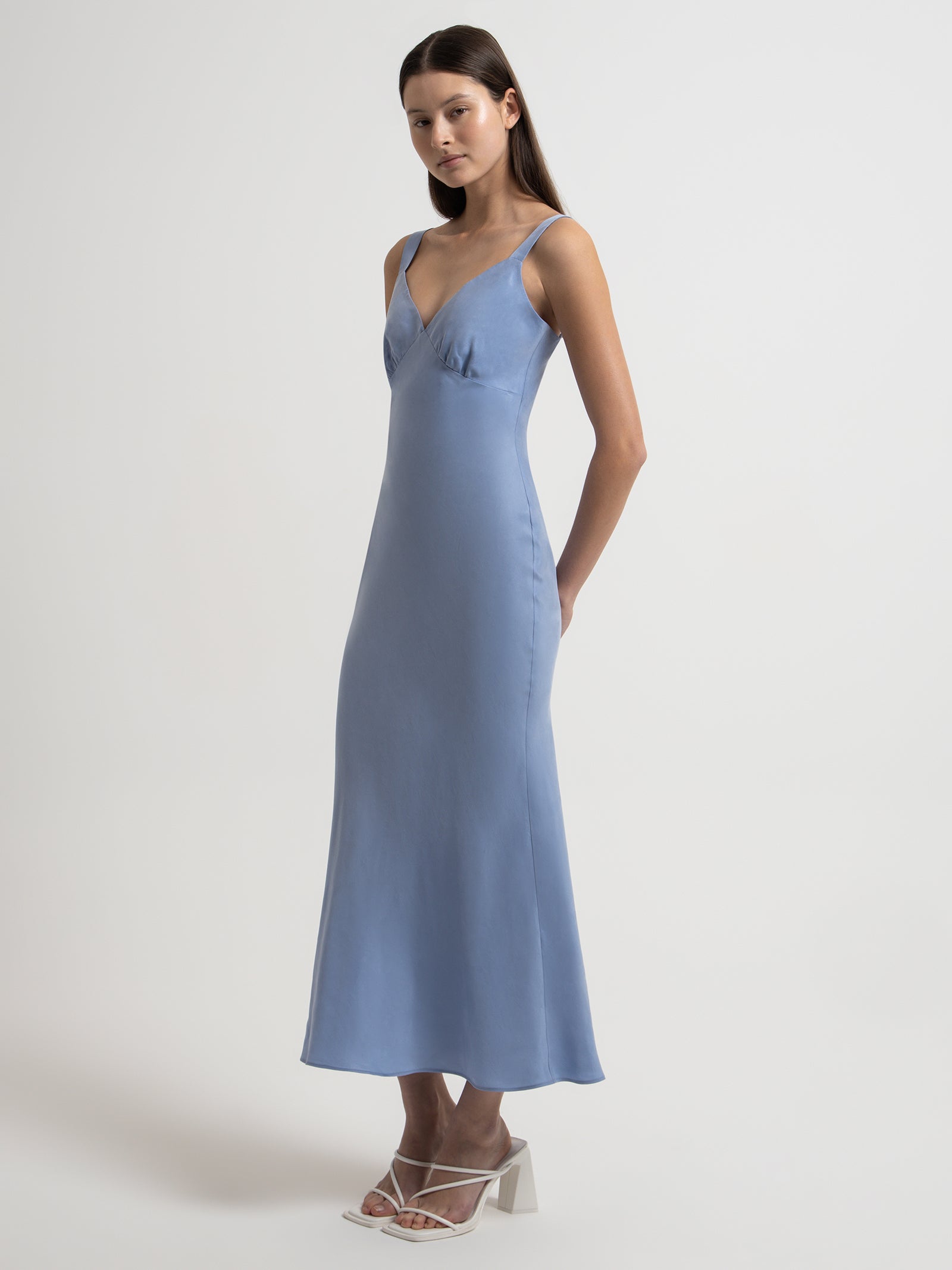 Roni Cupro Slip Dress in Mineral Blue