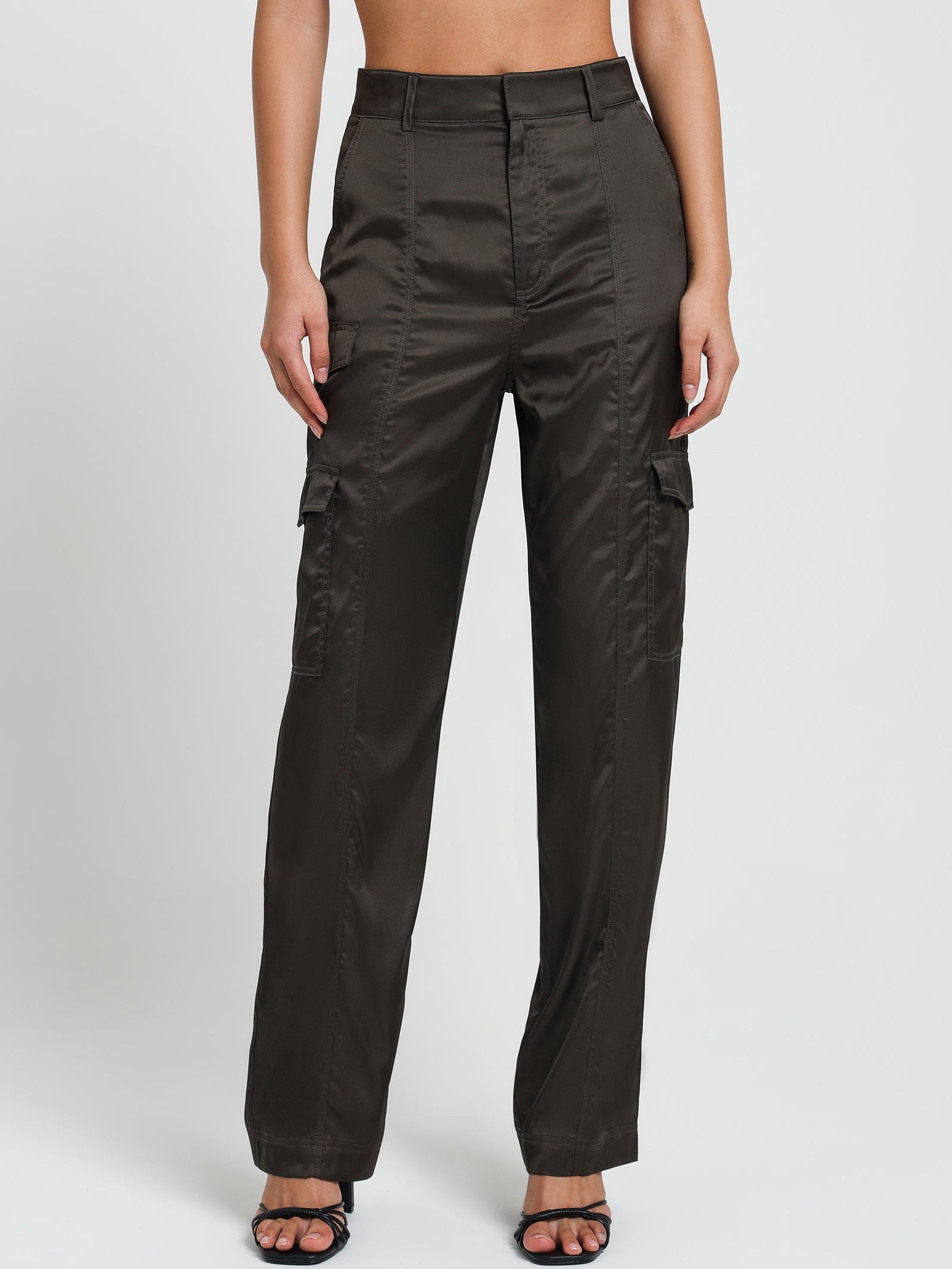 Suvi Satin Cargo Pants in Deep Olive