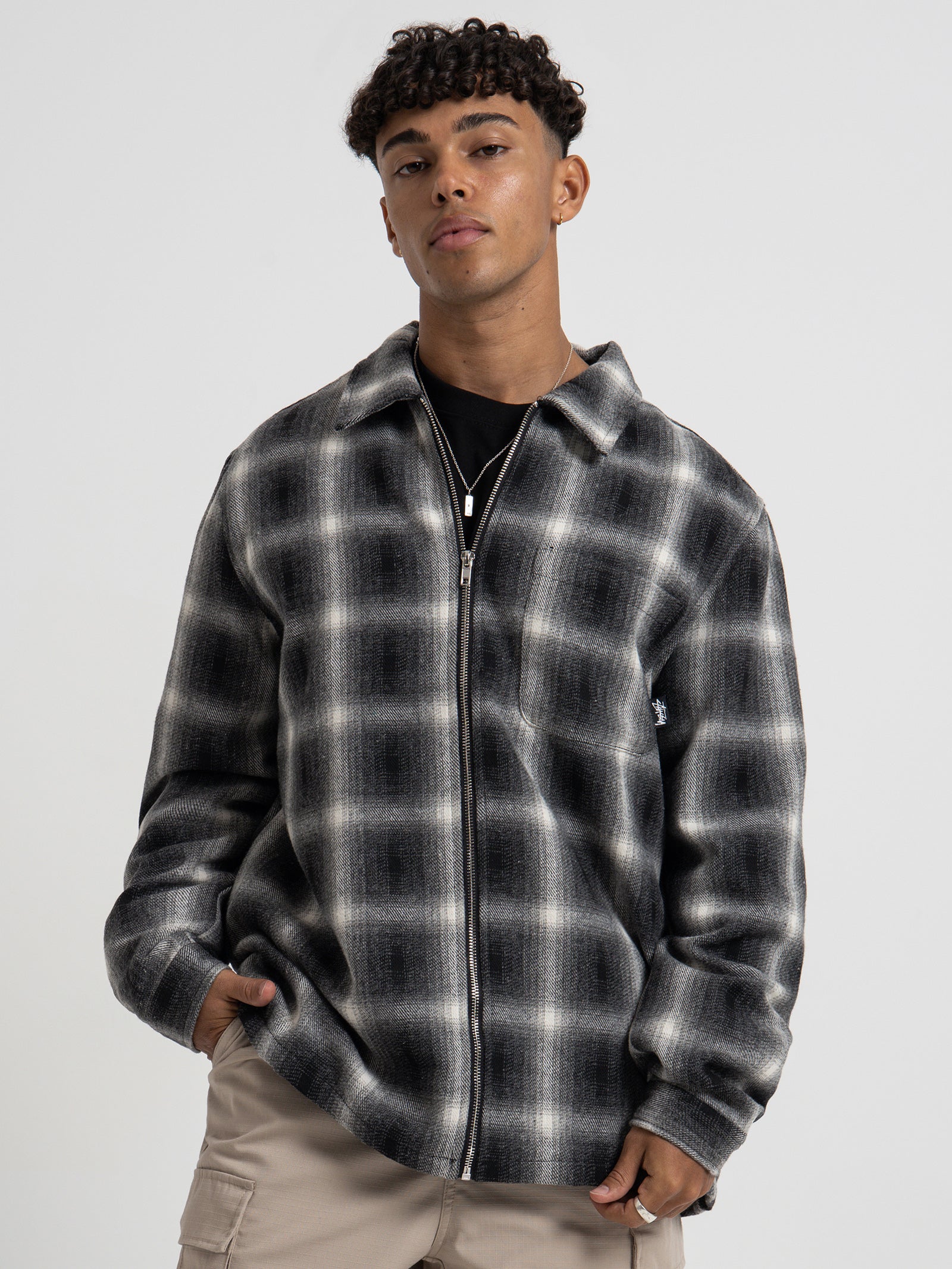 Shadow Plaid Zip Up Long Sleeve Shirt in Black