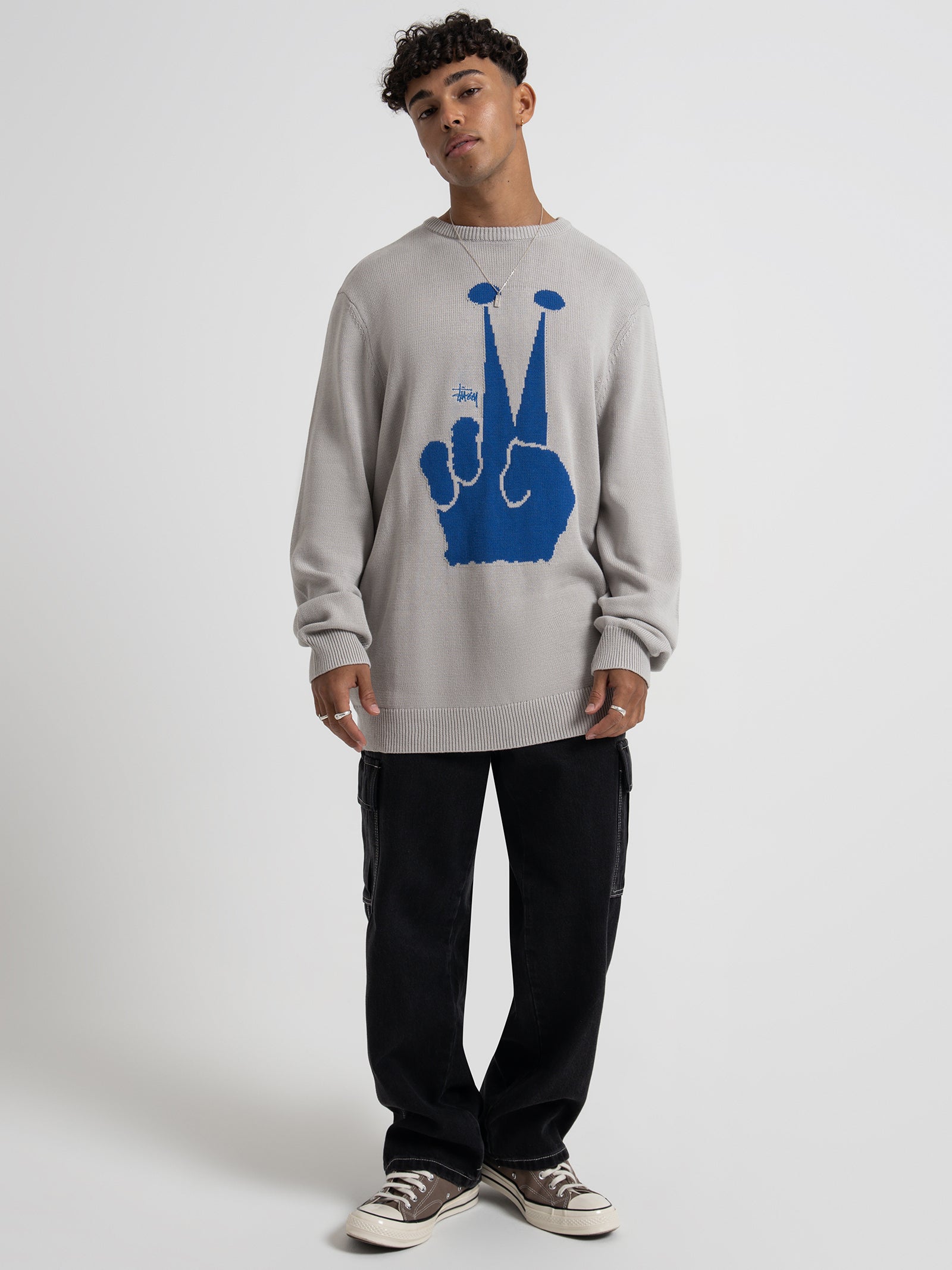 Peace Crown Knit Crew in Bone Grey