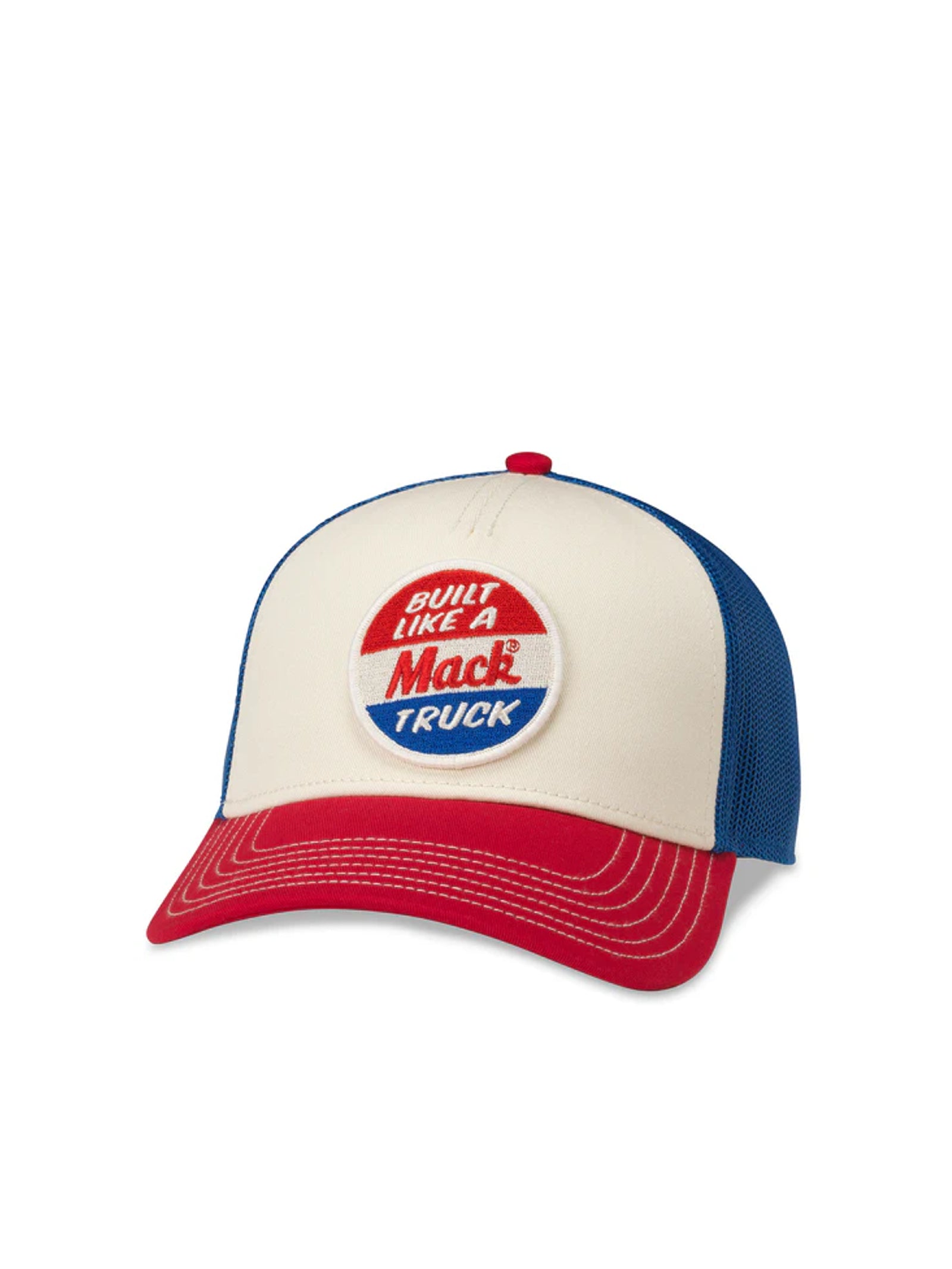 Mack Truck Twill Valin Patch Trucker Cap in Ivory, Red & Royal