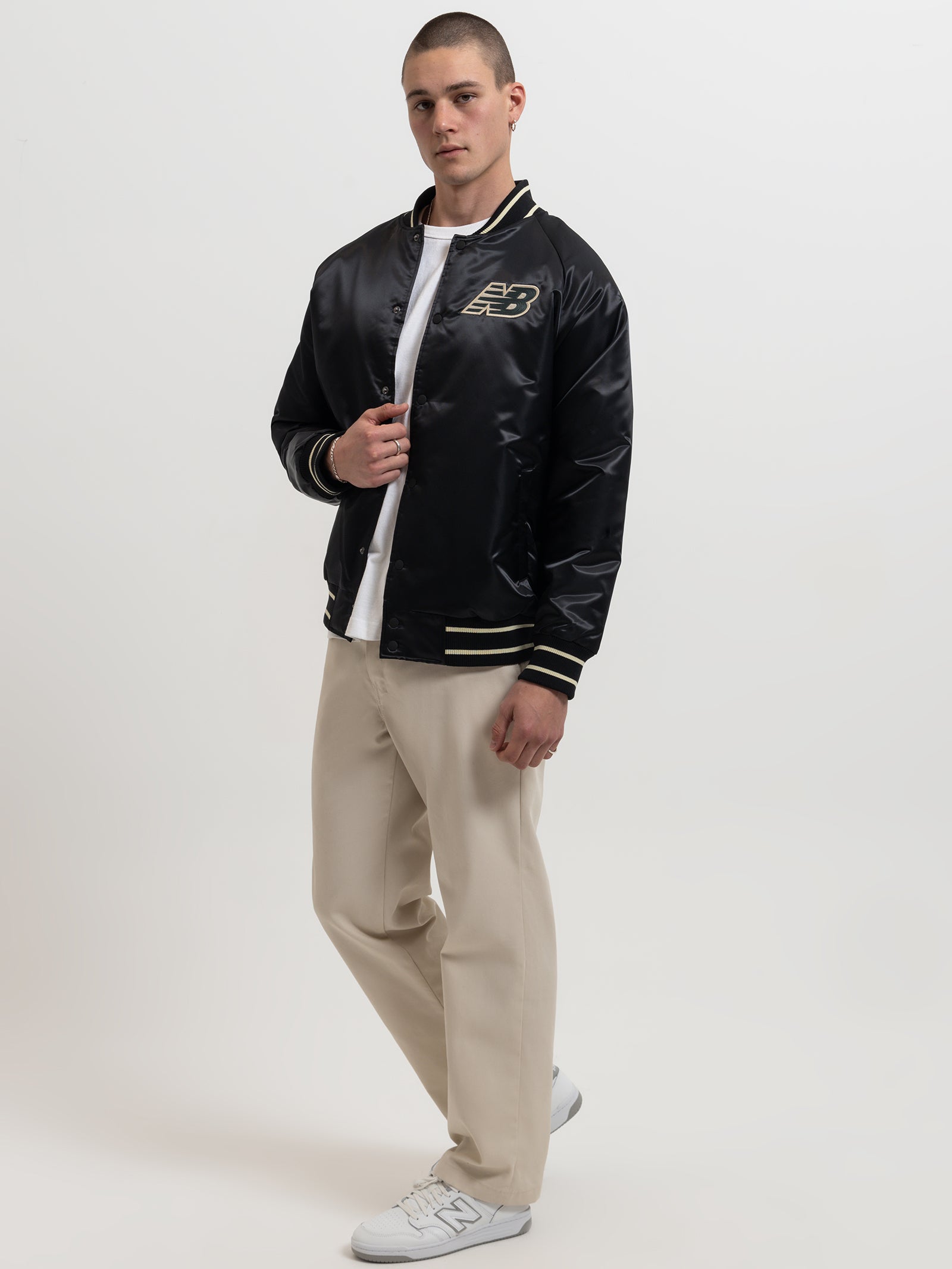 Athletics Varsity Satin Bomber Jacket in Black