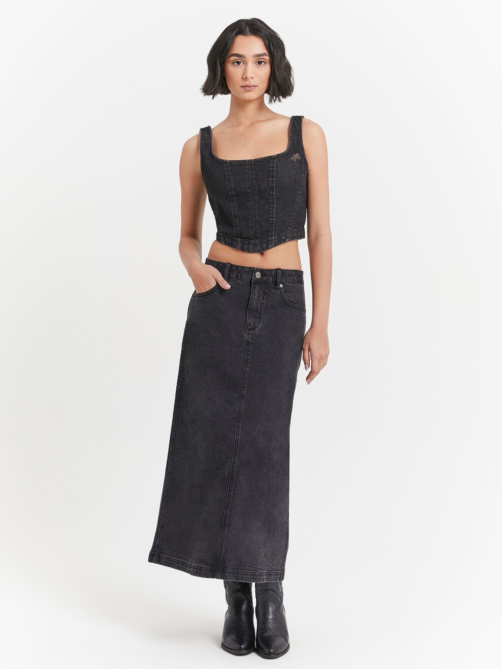 Mysteries Denim Maxi Skirt in Used Black